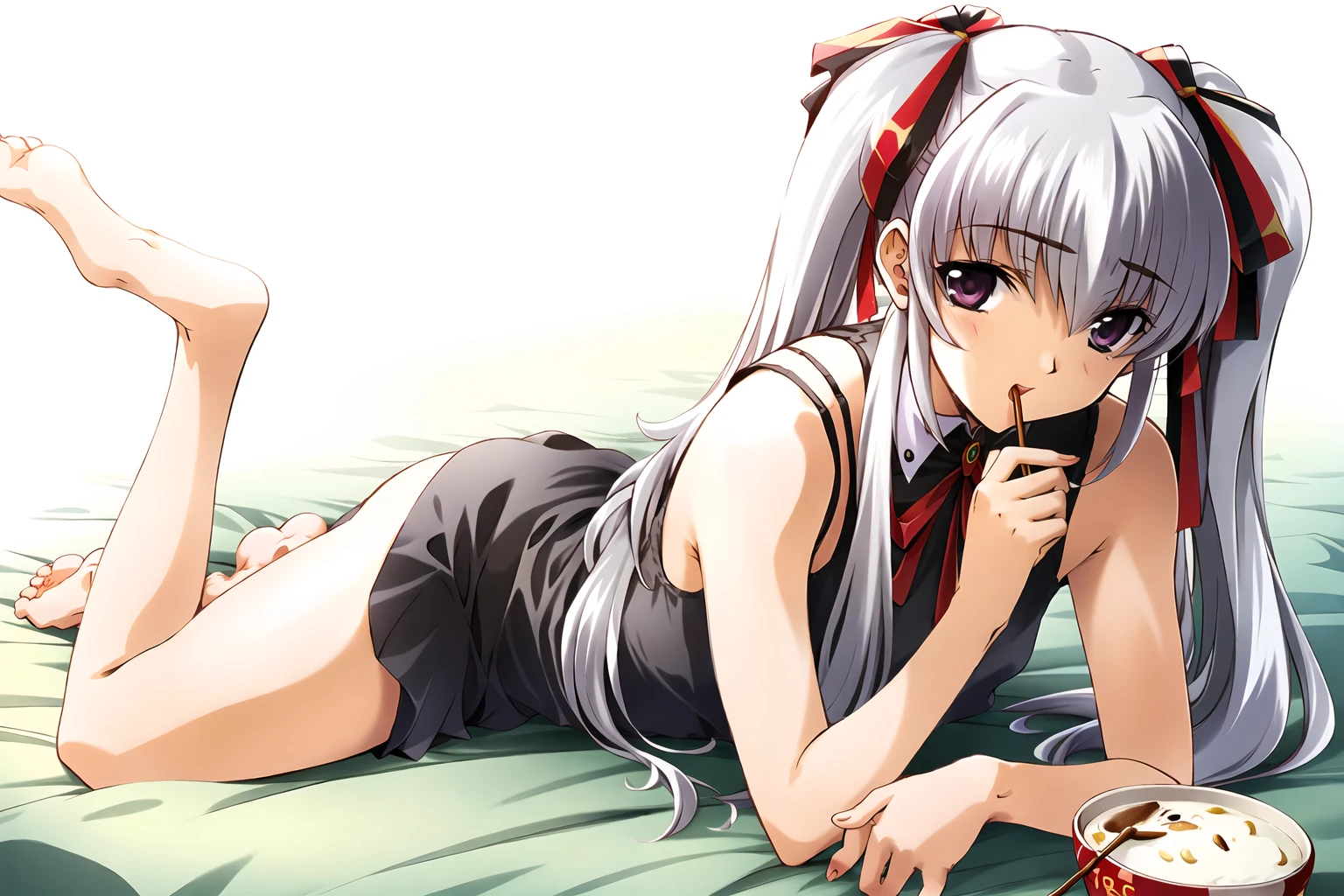 ((masterpiece, high quality, best quality)),
1girl, pocky, barefoot, twintails, purple eyes, food, lying, long hair, feet, white hair, on stomach, hair ribbon, mouth hold,
<lora:karen-style_v1.0-000010:0.8>