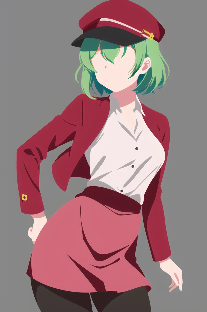 vector art, 1girl, solo,
<lora:Minimalist-v2-01:1>, ChopioMinimalist, short hair, green hair, looking at viewer,
simple background, grey background, no eyes, no face,
mature woman, medium breasts,
flight attendant, black pantyhose, red skirt, red jacket, white shirt, red hat, wide hips, tiny waist,