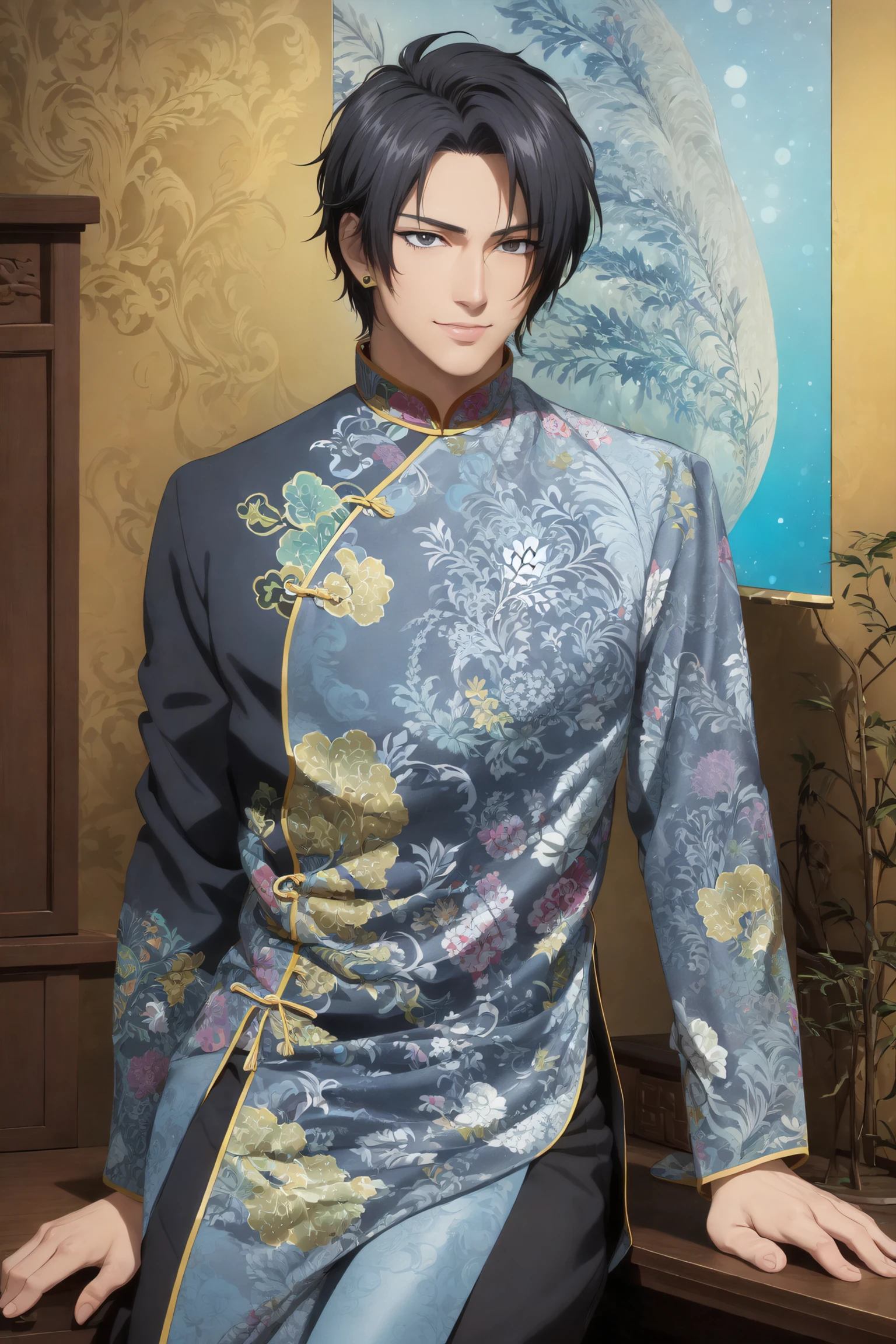 (Masterpiece, Best Quality:1.3), absurdres, (8k resolution), ultra-detailed, (Traditional Media:1.2), Manga, 2d, illustration, fantasy art, centered, <lora:LiRenFang:0.75>, male focus, cowboy shot, (changpao:1.3), earring, from side, looking ahead, smile, (detailed face, detailed eyes:1.2), sitting, sharp focus, (details:1.2), (depth of field), high quality, bokeh, dynamic, cinematic, gradients, (shadow), anime screen, nature, France, east asian architecture, ancient china