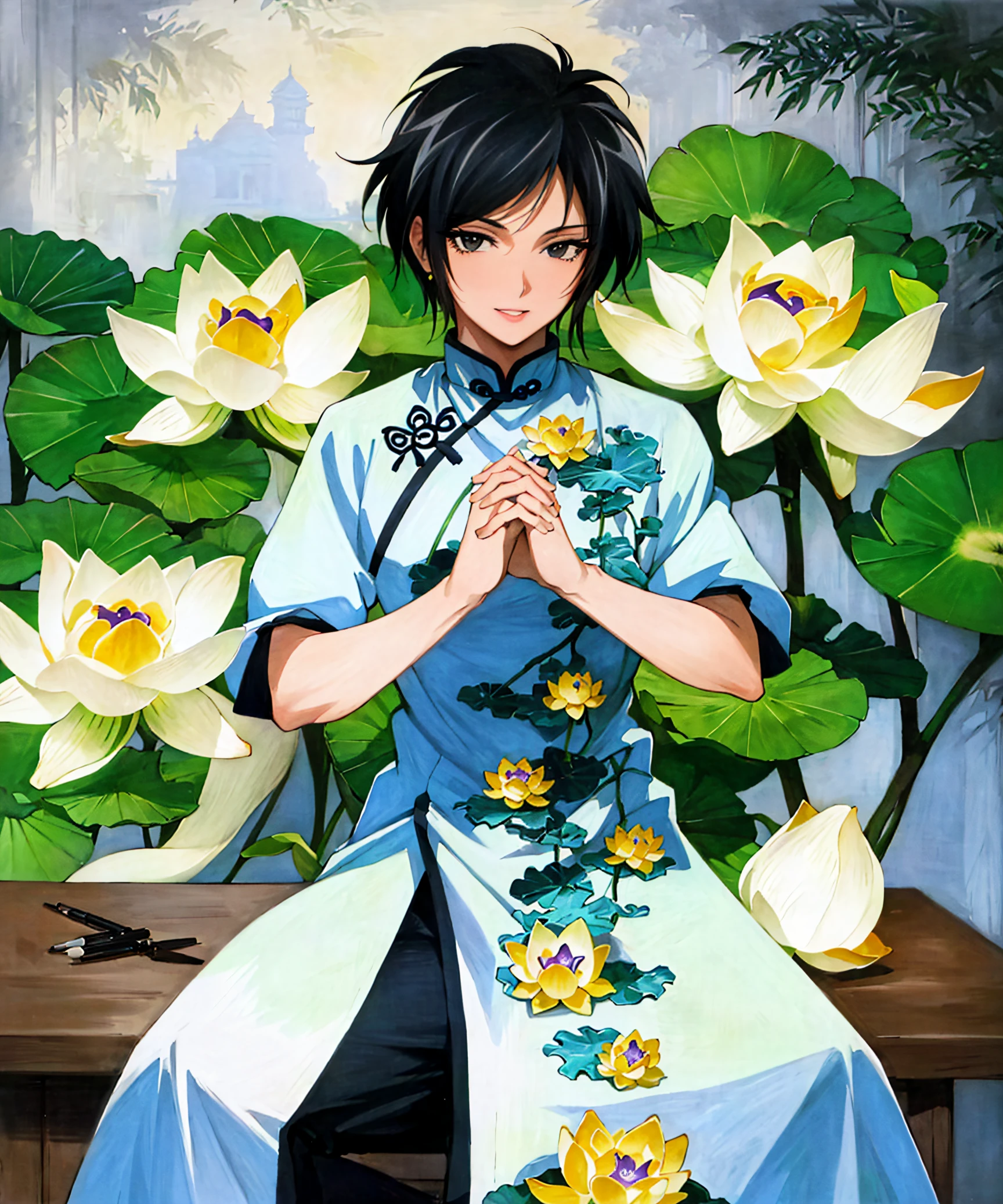 (masterpiece, best quality:1.3), absurdres, (dynamic_perspective:1.2), (dynamic_Line_of_action:1.2), best illustration, (Traditional Media:1.2), ((centered)), Manga, 2d, solo, (retro artstyle), (ultra-detailed), (best quality, highest quality), <lora:LiRenFang:0.8>, publication, (8k,  intricate), (full body), lifang, (sitting, lotus position, own hands together, orchid fingers:1.4), solo, smile, looking at viewer, (cowboy shot, standing:1.3), outdoors, nature, architecture, overgrown, (male focus), (detailed eyes, black eyes, detailed face:1.3), ((aged up)), earring, (changpao:1.4), (flats:1.3), parted lips, ((light aura, soft glow, bloom)), spring \(season\), [floating particles], ((50mm)),  (highly detailed:1.2), (detailed face:1.2),  graphite \(medium\), marker \(medium\),  black hair,  (iridescent:1.1), beautiful, (dynamic_angle:1.2), (dynamic_pose:1.2), perfect face, ((((shadow))))