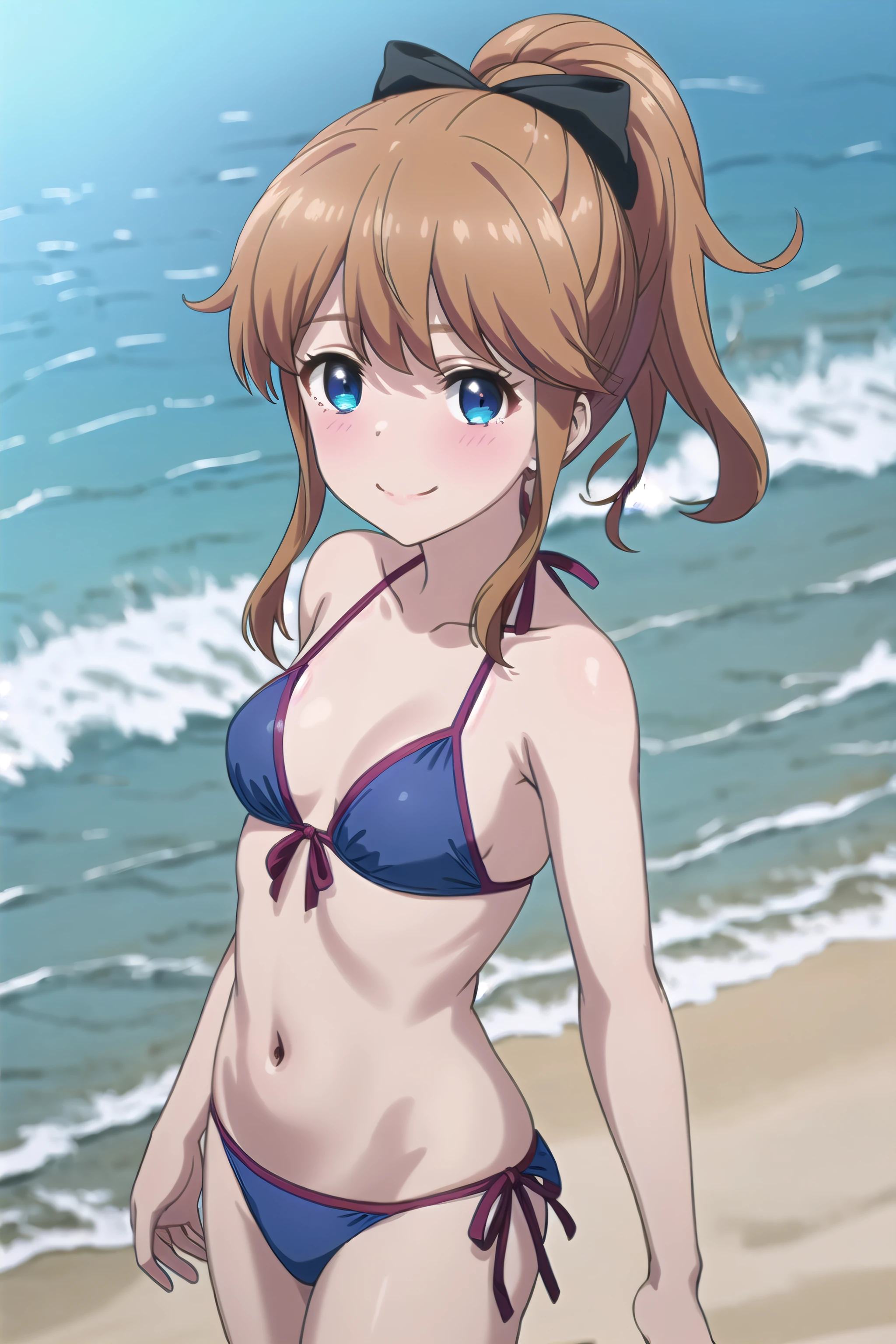 best quality, (masterpiece:1.2), highly detailed, sand, (ocean:1.2), standing,
1girl, solo, <lora:chara_Mamahaha_AkatsukiYume_v1:0.8>, akatsuki minami,
looking at the viewer, closed mouth, blush, smile, small breasts,
blue eyes, brown hair, ponytail, hair bow, blue bikini, side-tie bottom bikini