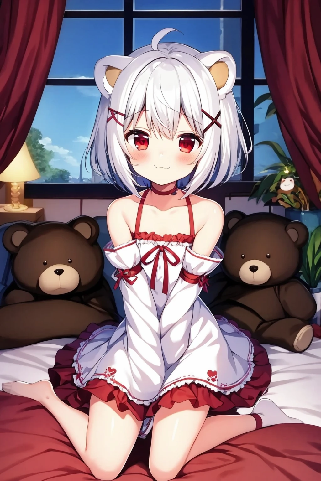 1girl, looking at viewer, short hair, white hair, frilled dress, bear ears, red eyes, light smile, sitting, arms between legs, hair ornament, animal ears, spoken heart, bed sheet, pillow, window, curtains, ribbon, collarbone, detached sleeves, x hair ornament, hair ornament, :3,
