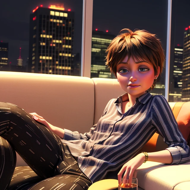 Evelyn,short brown hair, makeup, eyes half open, upper body, looking at viewer, lounging,
pants, vertical-striped shirt ,jewelry, couch,
in tall building, skyscraper, window, clouds, nighttime, , drinking glass,
(insanely detailed, beautiful detailed face, masterpiece, best quality) <lora:Evelyn:0.8>