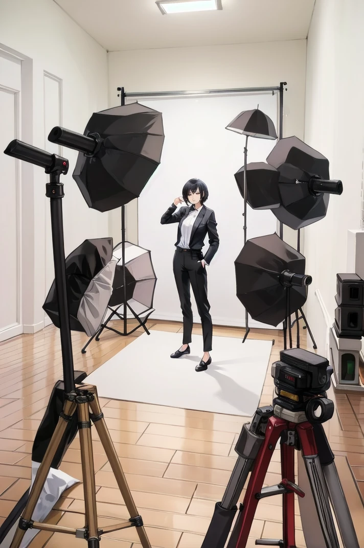 masterpiece, best quality, ultra-detailed, illustration,
photostudio, shooting light, 1girl solo, black pants, pants, standing, shirt, formal, black hair, short hair, long sleeves, shoes, wide shot, indoors,  cyclorama,, white cyclorama,
 <lora:Photo_Studio_V3_1.0_MIDD_Resize_DIM8:1>