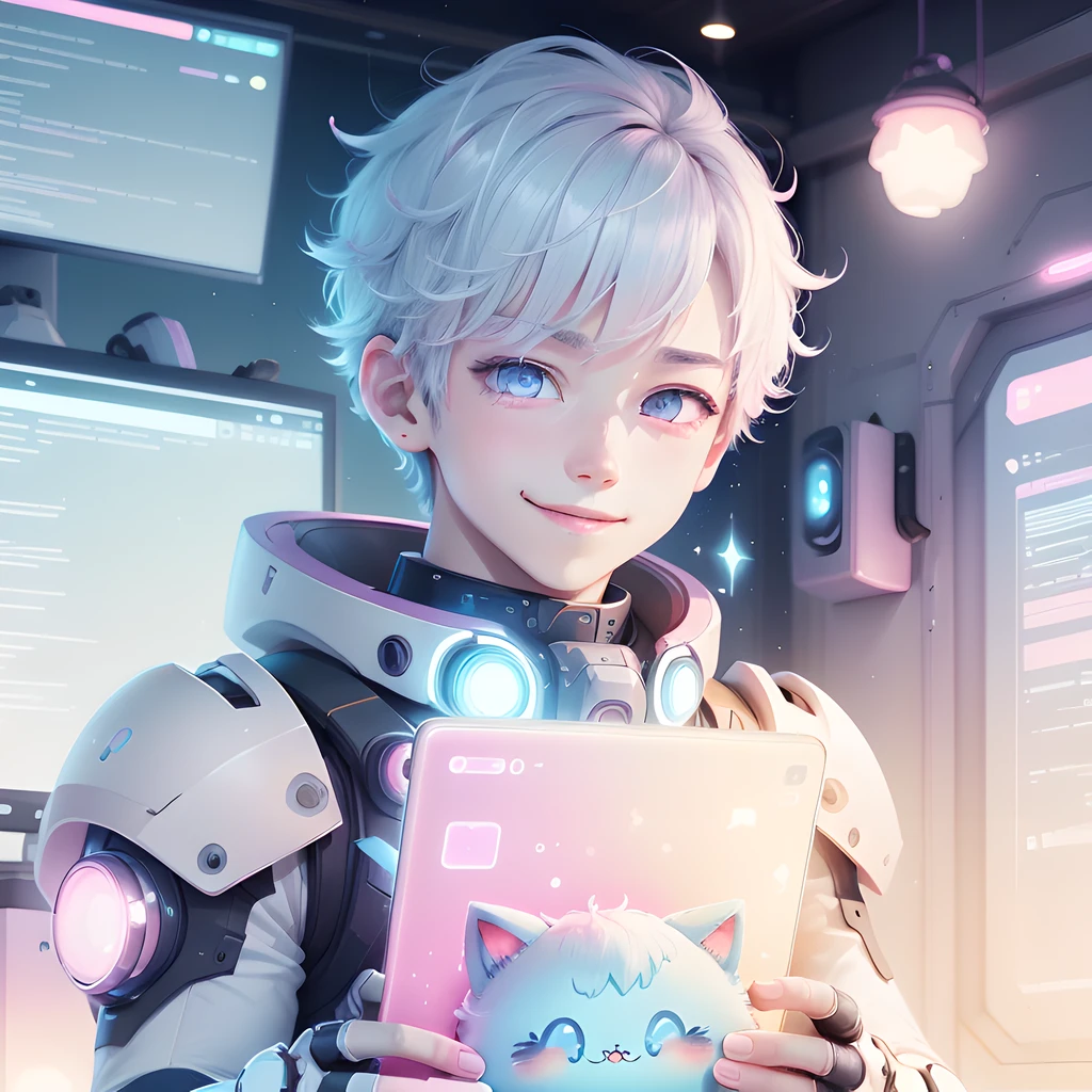 <lora:KawaiiTech-20:1>, kawaiitech,pastel color, kawaii, cute colors ,scifi, pink,
scholar , scroll, (1boy, ),buzz cut, blue skin,white hair, glowing eyes, smile ,closed mouth,manly,