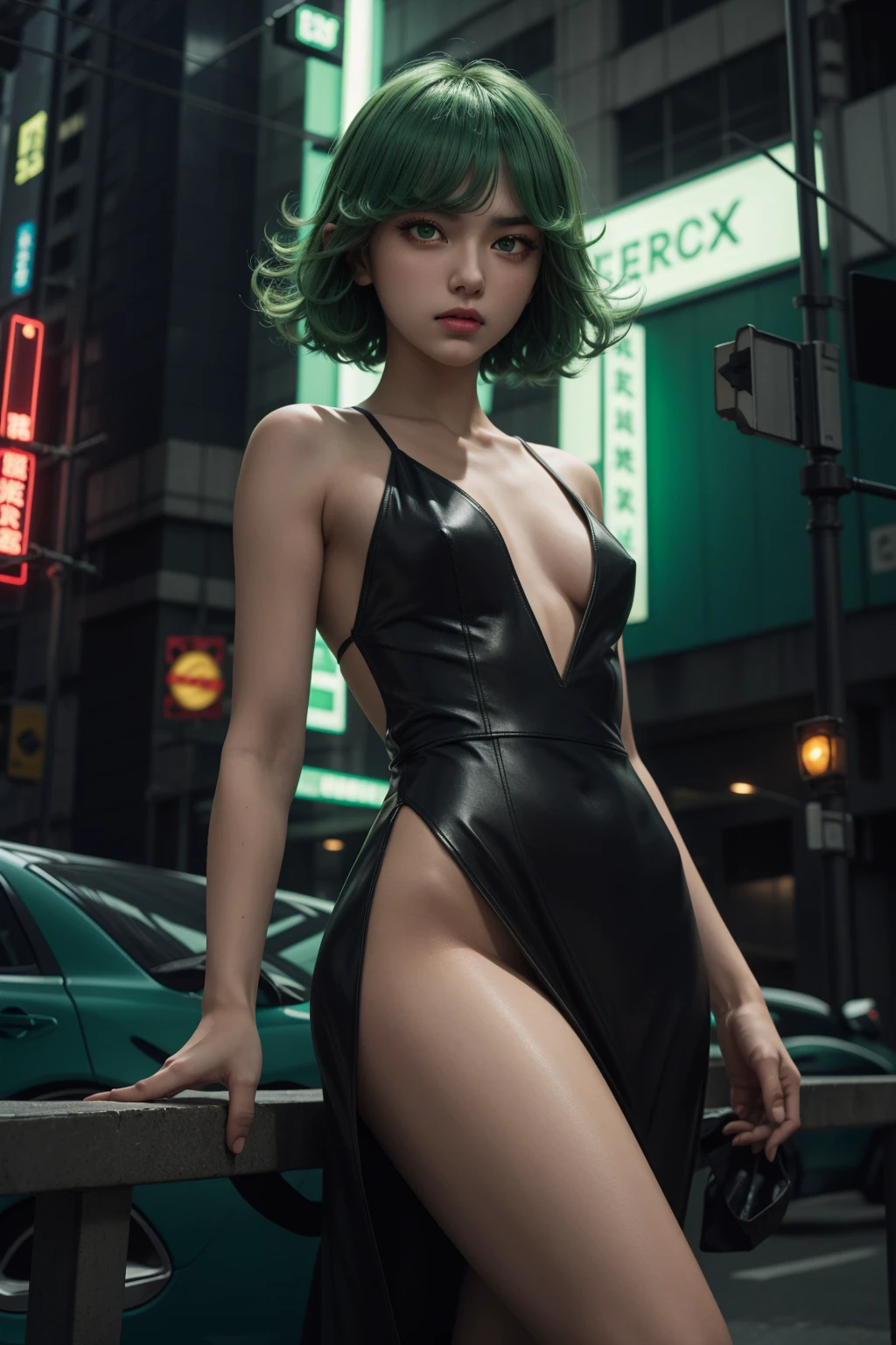 dramatic lighting, 1girl, tatsumaki, green hair, green eyes, small breasts, <lora:tatsumakiselect:0.7>, dress, golden ornaments, cyberpunk city, neon lights, looking at viewer, <lora:add_detail:0.3>