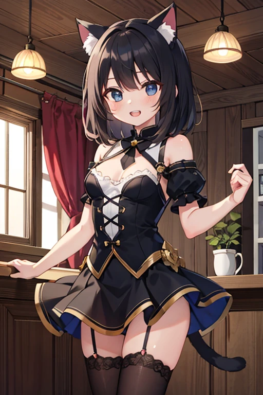 (masterpiece), best quality, high resolution, extremely detailed, detailed background, cinematic lighting, indoor, 1girl, medium hair, black hair, crossed bangs, small breasts, cat ears, grin, open mouth, naughty, :o,