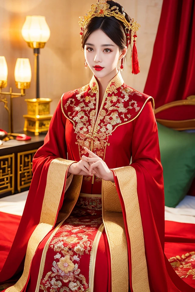 (best quality:1.1) ,(photorealistic:1.1), (photography:1.1), (highly detailed:1.1),
a woman in a red and gold dress with a tiara on her head, hair stick,(sitting on red bed),blush,shy,black_hair, crown,looking down, (2 red candles), chinese_clothes, curtains, earrings, hair_ornament, hanfu, indoors, jewelry, long_sleeves, red dress, red lips, tassel, (Red quilt),(red palace:1.2),<lora:fgxp:0.6>,