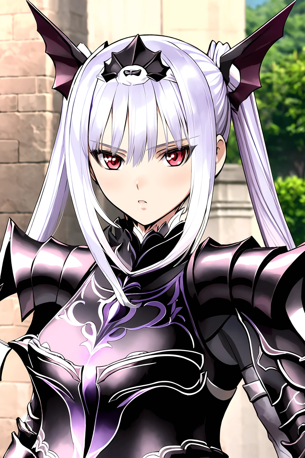 masterpiece, 1girl, excella, red eyes, long silver hair, hair ornament, armor, frills