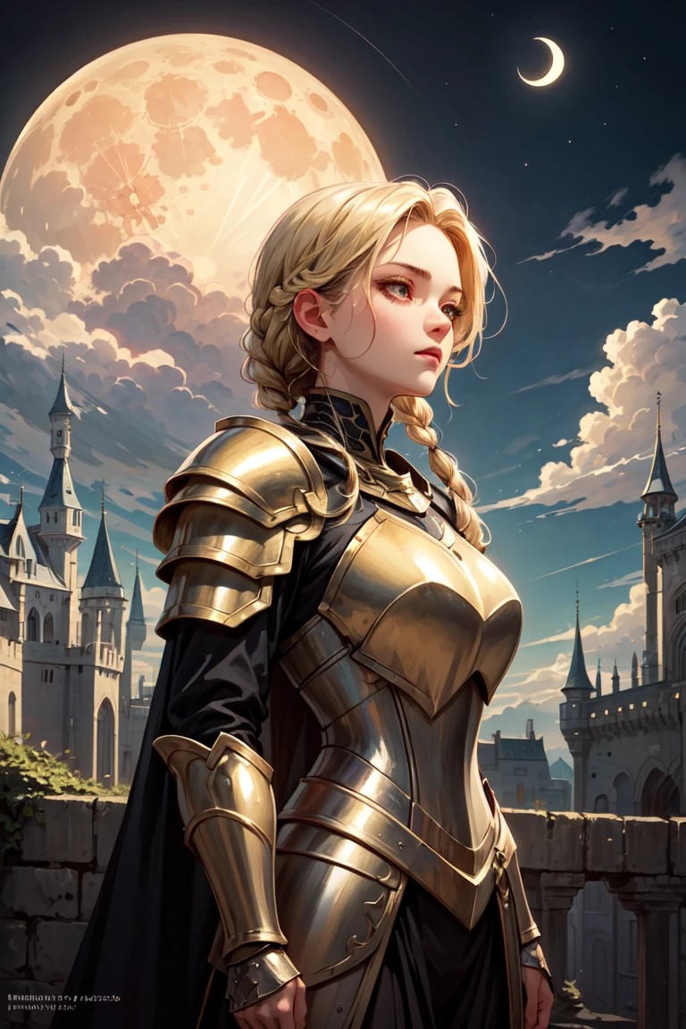 best quality, high detail, (detailed face), detailed eyes,((best quality, masterpiece)), 1girl, black and gold armor, blonde braided hair, moon light , ((full moon):0.5), outdoor, clouds on background,fantasy, medieval, castle on background  <lora:more_details:0.5> <lyco:GPTS4 dreamwave full_478773:0.3> <lyco:GoodHands-beta2:0.8>