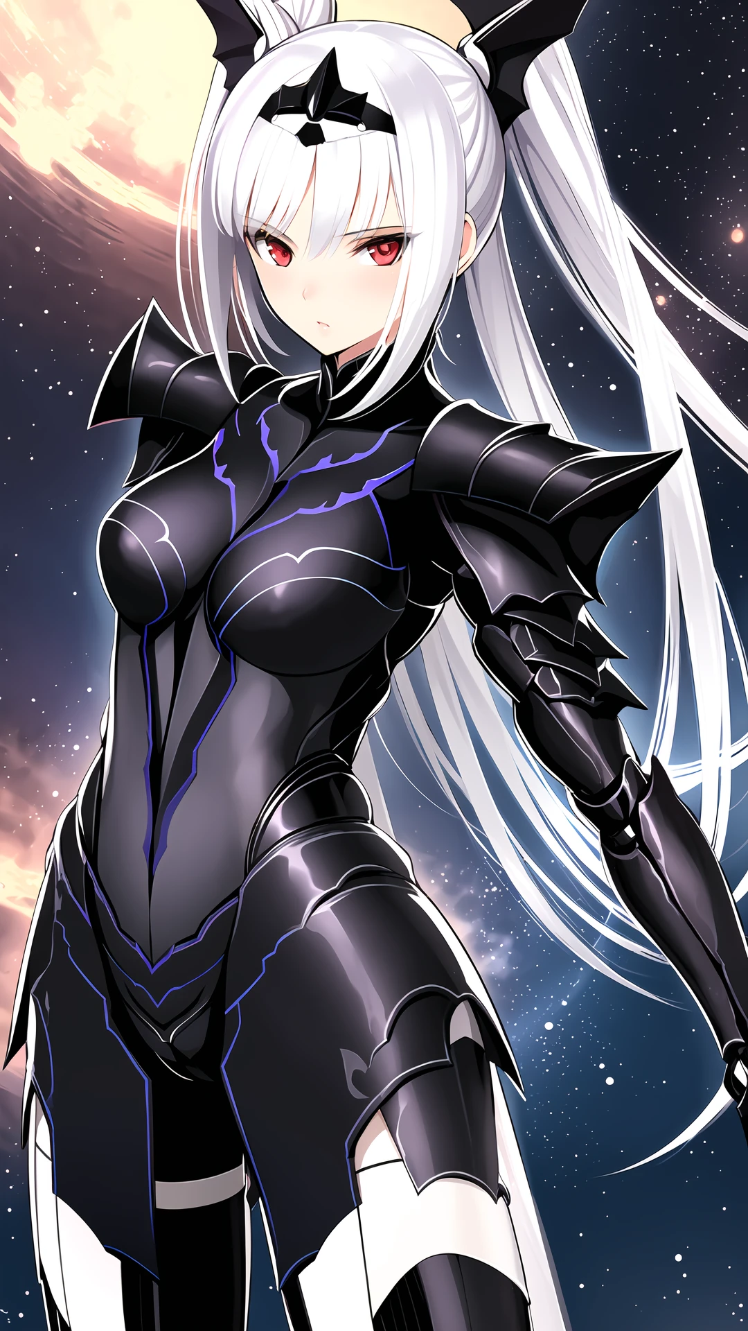 masterpiece, 1girl, excella, red eyes, long silver hair, battlesuit, cybernetic, sci-fi, mechanical parts, space, futuristic