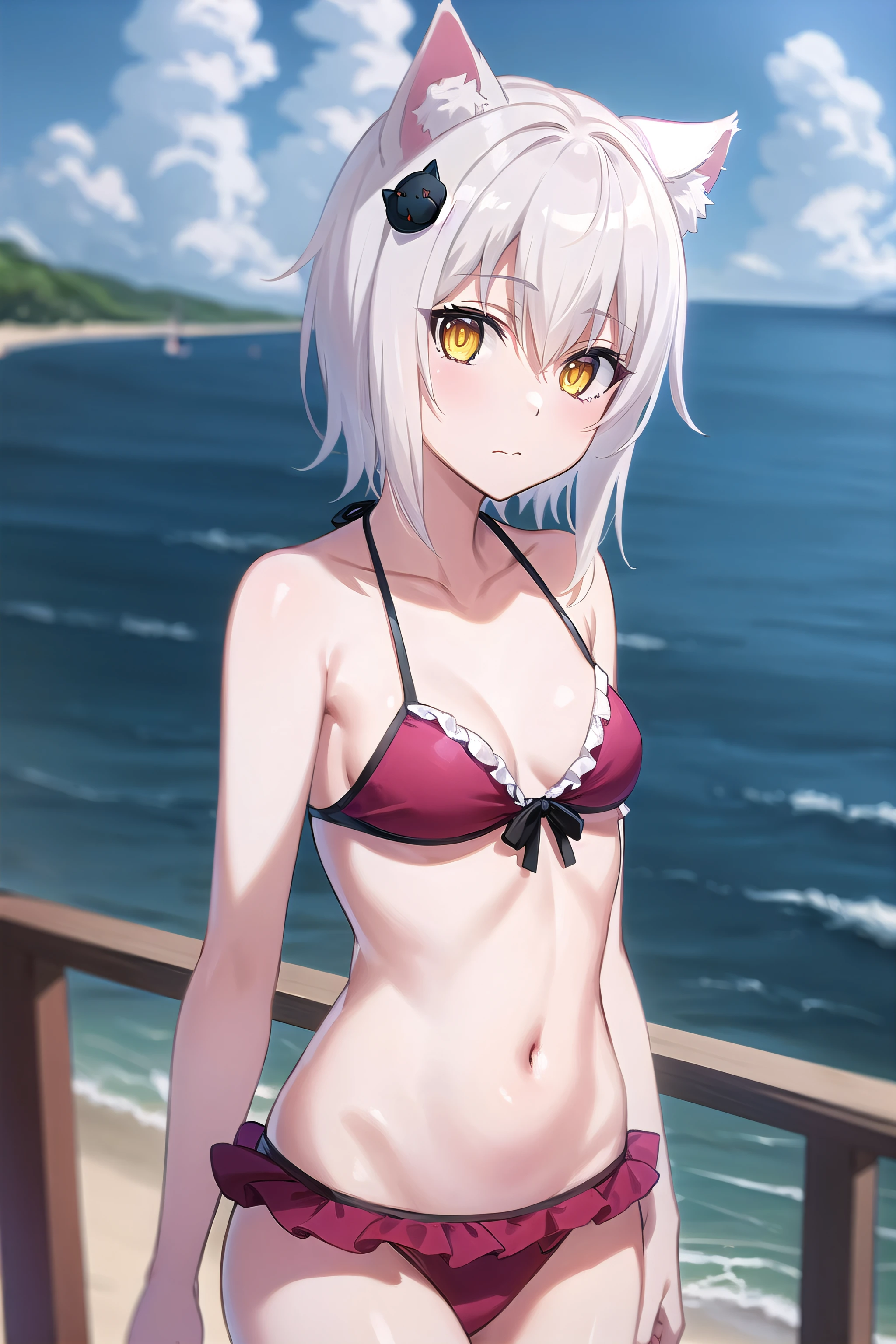 best quality, (masterpiece:1.2), highly detailed, standing, beach, cat ears,
1girl, solo, <lora:chara_HighschoolDxD_ToujoKoneko_v1:0.8>, tojou koneko,
looking at the viewer, closed mouth, (upper body:1.2), small breasts,
yellow eyes, white hair, short hair, hair ornament, frilled bikini