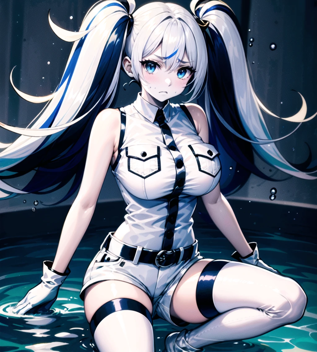 nature, surreal, underwater, water, ewhime, (escort water princess:1.3), abyssal ship, open clothes, 1girl, (upset:1.1), solo, (colored skin, white skin, pale skin:1.3), blue eyes, twintails, (two-tone hair, multicolored hair and bangs:1.2) white hair, black hair, large breasts, bare shoulders, breast pocket, buttons, gloves, short shorts, sleeveless shirt, white gloves, white shirt, white shorts, white thighhighs, perfect hands, <lora:GoodHands-vanilla:1>