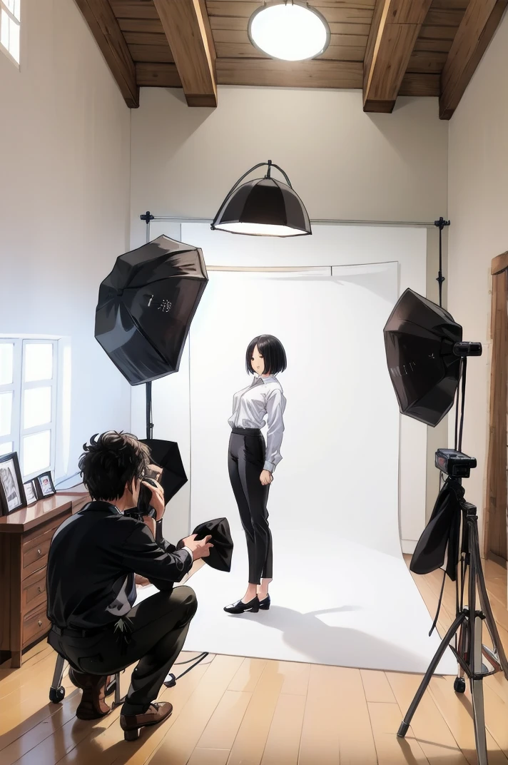 masterpiece, best quality, ultra-detailed, illustration,
photostudio, shooting light, 1girl solo, black pants, pants, standing, shirt, formal, black hair, short hair, long sleeves, shoes, wide shot, indoors,  cyclorama,, white cyclorama,
 <lora:Photo_Studio_V3_1.0_MIDD_Resize_DIM8:1>