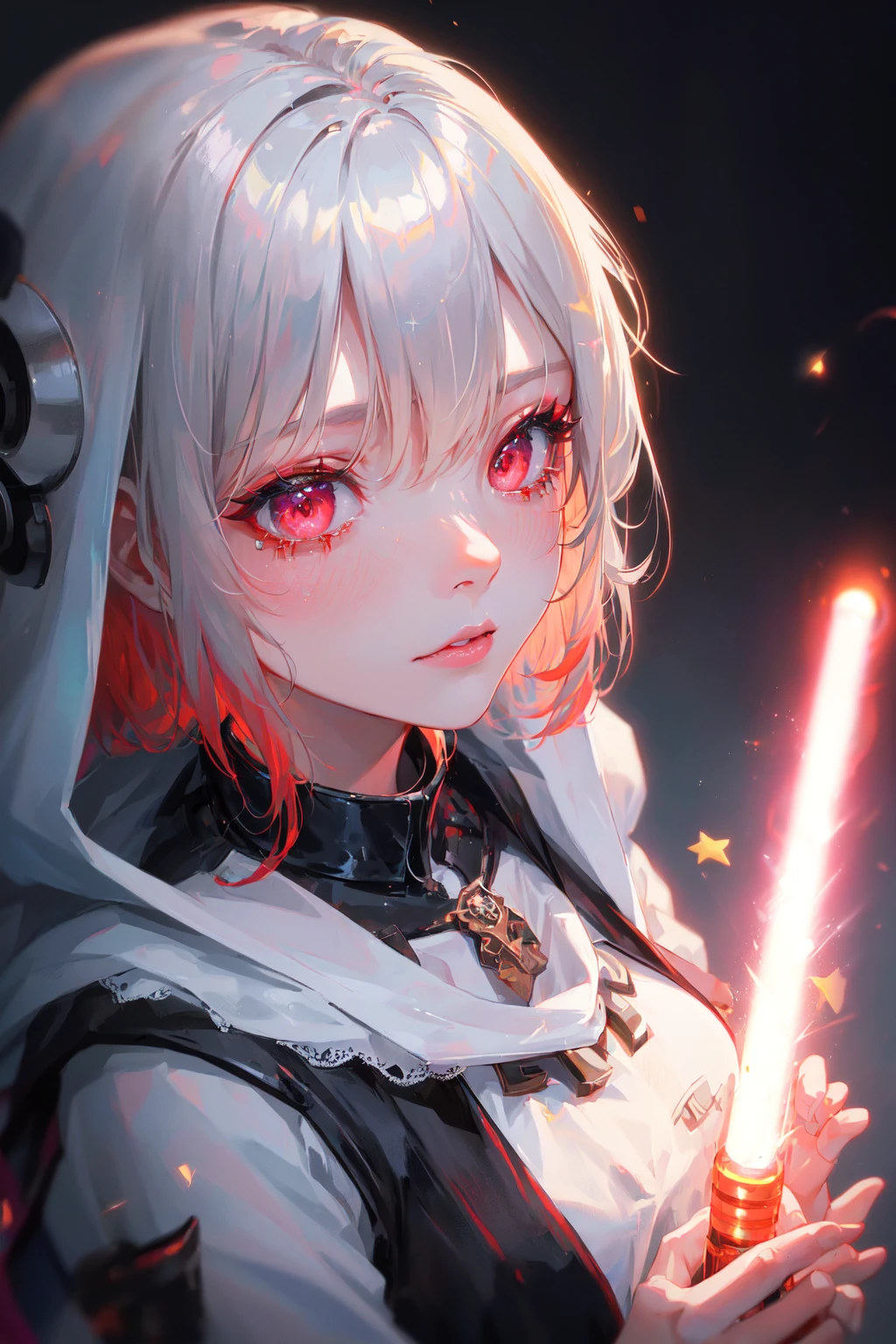 (Masterpiece:1.2), best quality, (illustration:1.2), (ultra-detailed),Eye focus,(Masterfully crafted Glow, pink lens flare), (Cinematic background), hyper details, from above, forced perspective, (delicate detailed), (intricate details), octane render, hdr, (hyperdetailed:1.15), (((colourful))),(soft light:1.2), 1girl, beautiful girl, ultra detailed eyes, mature, plump, thick, rainbow painting drops, paint teardrops, woman made up from paint, entirely paint, splat, splash, outdoors, (bioluminescent hair:1.1),(glowing eyes), ((makeup)),(Cinematic masterpiece), fierce, powerful, splashes of colour absolutely eye-catching, (Cinematic headlight), ((caustic)), dynamic angle, beautiful detailed glow, ambient occlusion, ambient light, raytraced reflections, (red eyes),(red hair glow),(best illumination, an extremely delicate and beautiful), ((cinematic light)), (soft:2),(Star wars:1.1), red lightsaber, chasing dreams, , (curious), (mysterious), (Exploring new world), (whimsical:2) , intricate background, vibrant, spirits, (display of strength),dreamscape, (holding lightsaber:1.2), hood and cloak, futuristic Armor, sci-fi, (Sith:1.5), black clothing, silver accent,