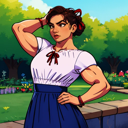 Luisa , brown hair, hair bun with red ribbon, brown eyes, biceps, upper body hand on hip, arms up,
LuDres ,white shirt, (blue skirt,) blue sandals, bracelets,
garden, stone bridge, morning,
(insanely detailed, beautiful detailed face, masterpiece, best quality) <lora:Luisa:0.8>
