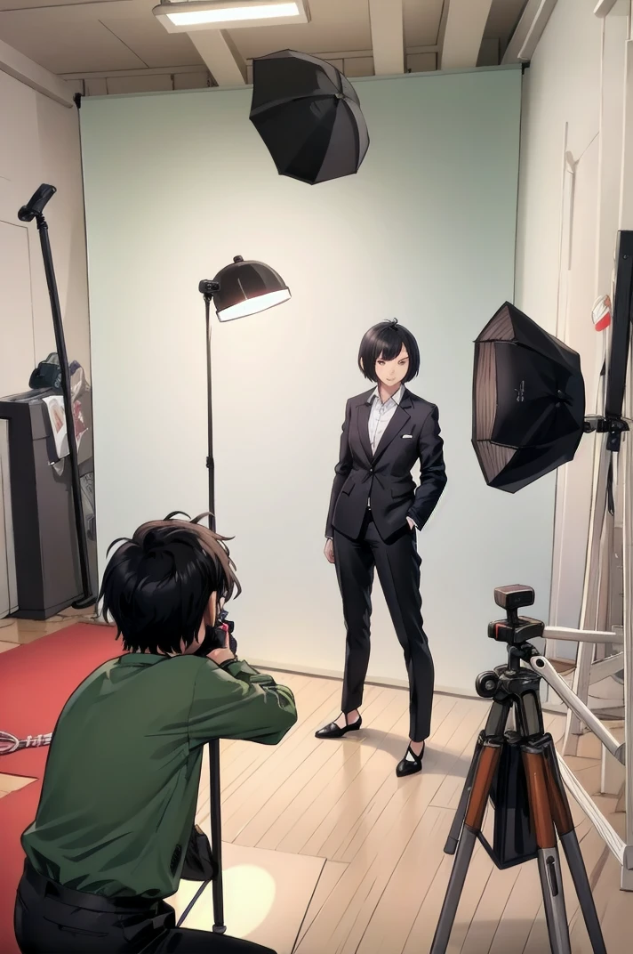 masterpiece, best quality, ultra-detailed, illustration,
photostudio, shooting light, 1girl solo, black pants, pants, standing, shirt, formal, black hair, short hair, long sleeves, shoes, wide shot, indoors,  cyclorama,, white cyclorama,
 <lora:Photo_Studio_V3_1.0_MIDD_Resize_DIM8:1>