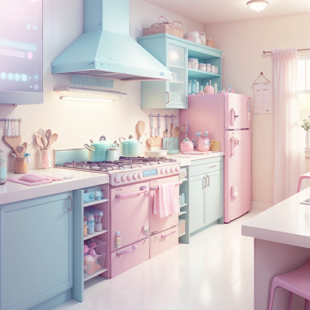<lora:KawaiiTech-20:1>, kawaiitech,pastel color, kawaii, cute colors ,scifi, pink,
kitchen, no humans,