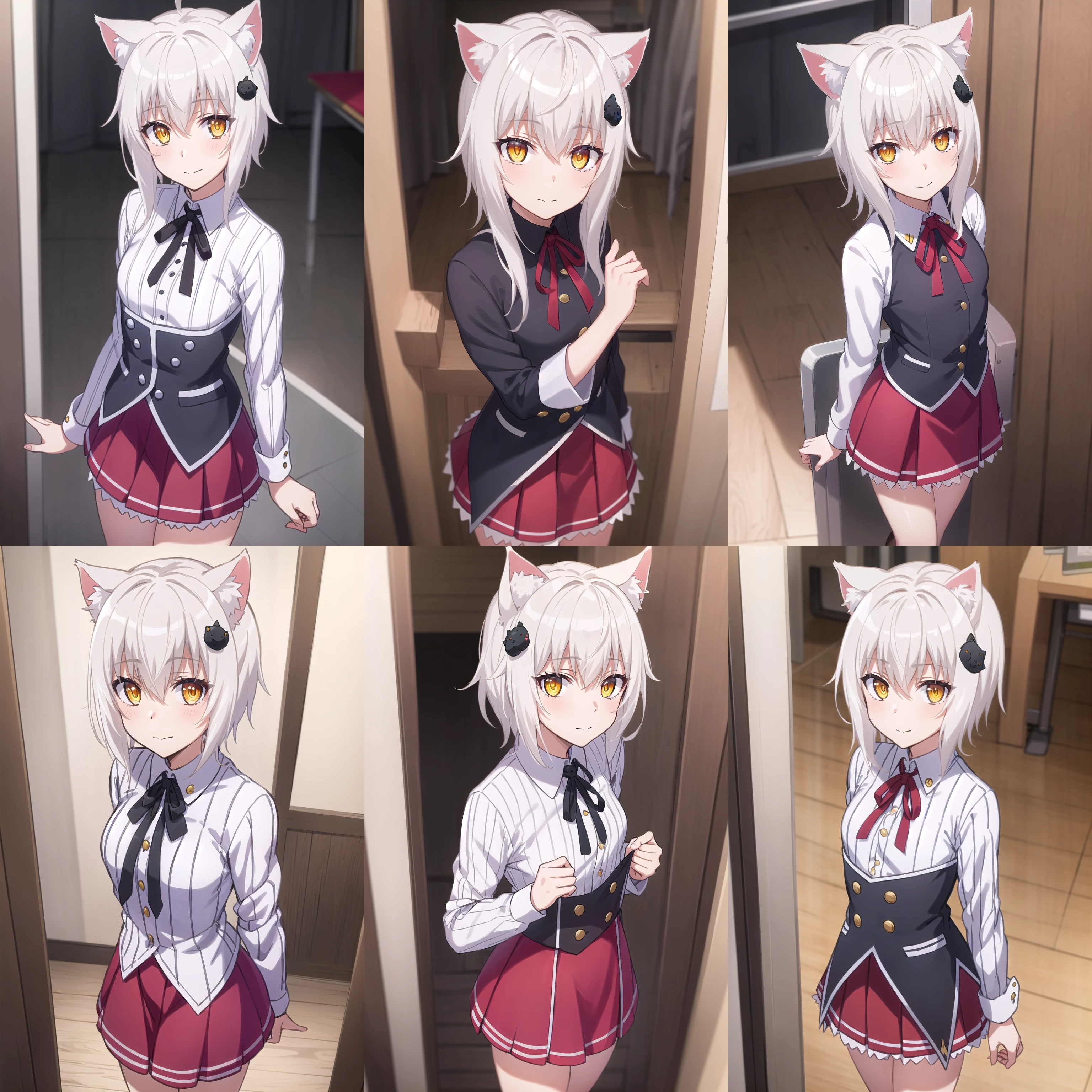 best quality, (masterpiece:1.2), highly detailed, standing, school, indoors, cat ears,
1girl, solo, <lora:chara_HighschoolDxD_ToujoKoneko_v1:0.8>, tojou koneko,
looking at the viewer, closed mouth, slight smile, from above,
yellow eyes, white hair, short hair, hair ornament, school uniform, stripped shirt, red skirt, black neck ribbon