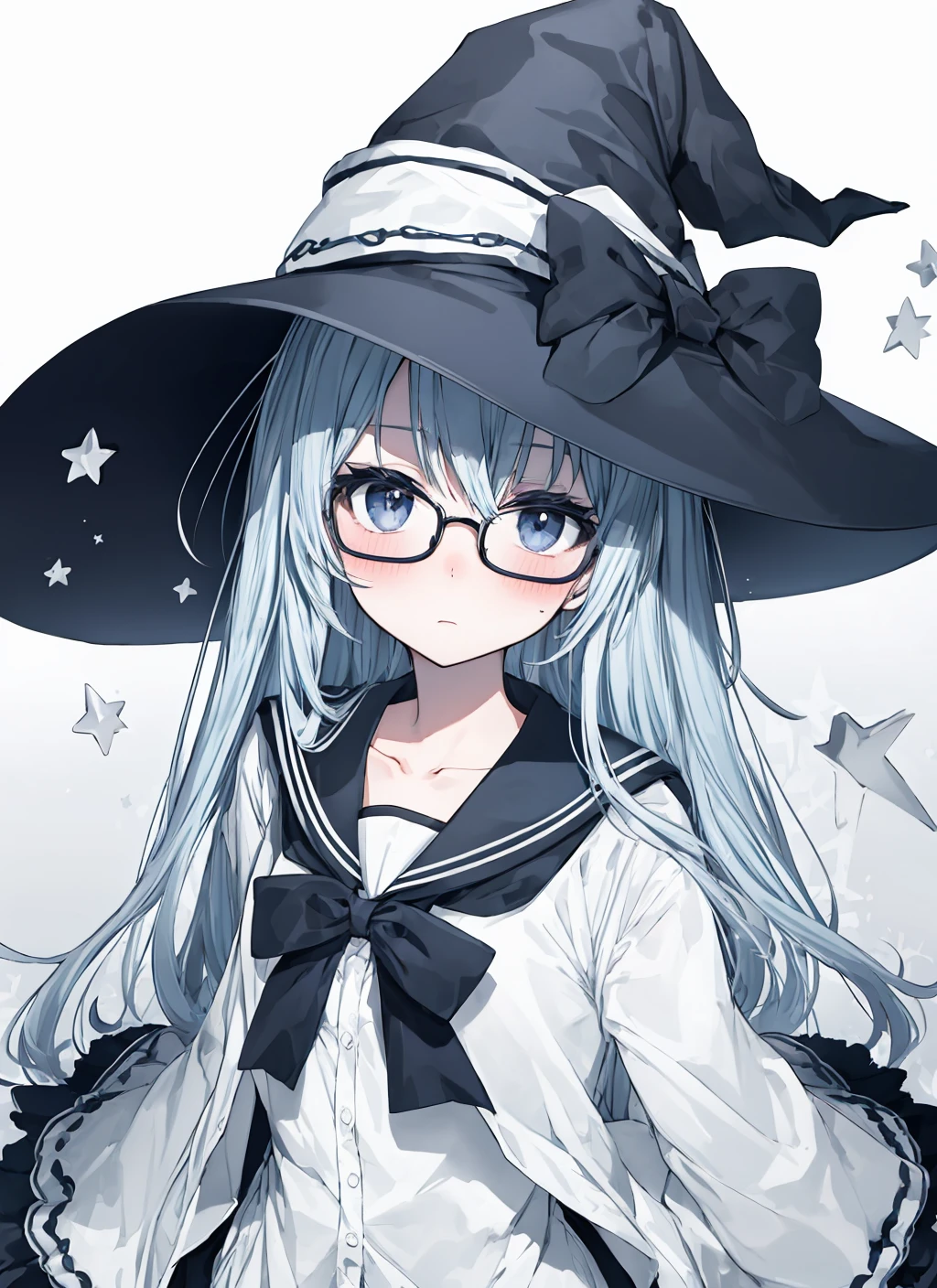 solo, (eye focus, close-up:0.8), eyeliner, eyelashes, collarbone, serafuku, skirt, bow, glasses, magic, witch hat, starry, body blush, shiny skin, (expressionless:1.2)
, <lora:phV1:1.8>