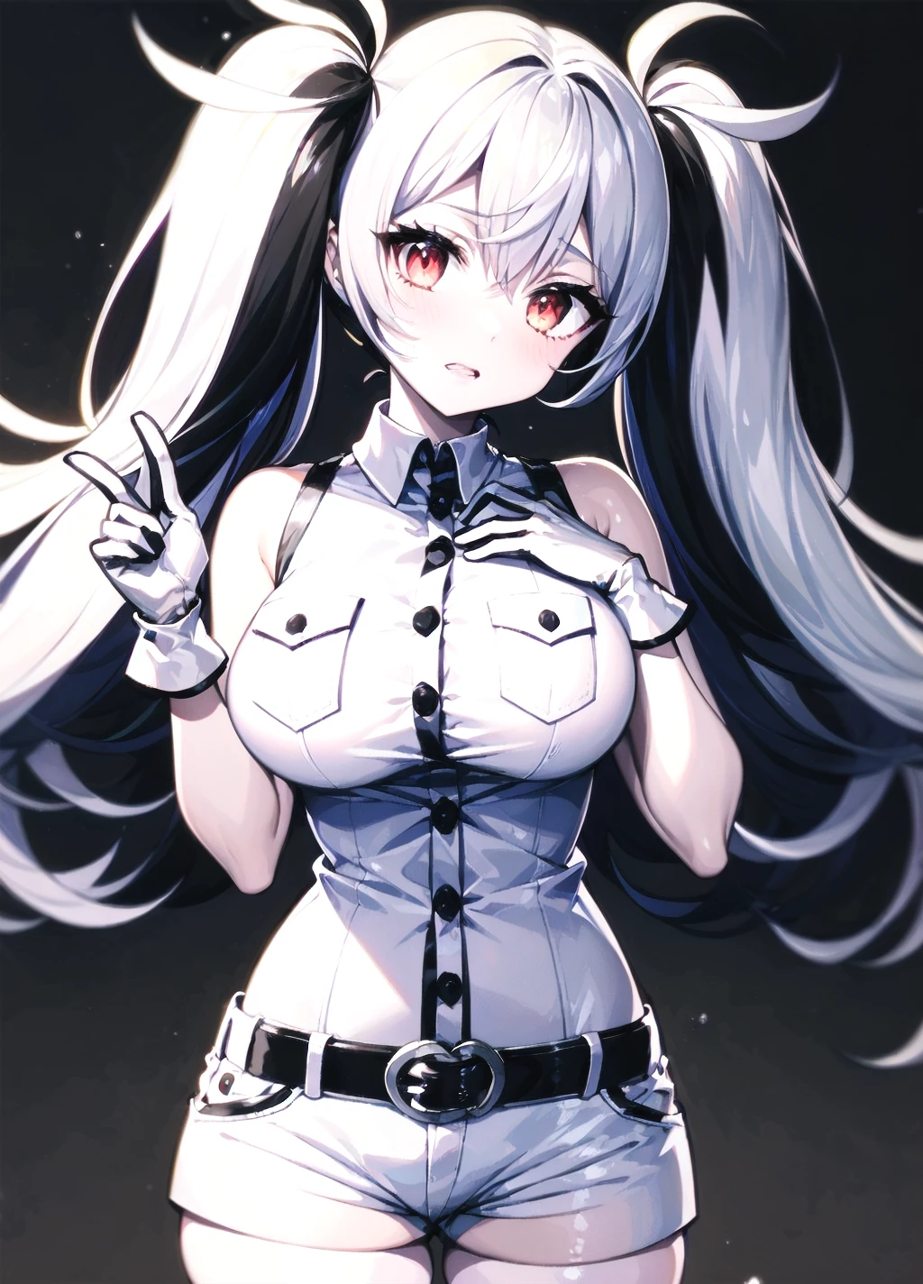 ewhime, escort water princess, abyssal ship, 1girl, solo, colored skin, white skin, red eyes, twintails, two-tone hair, black hair, white hair, large breasts, bare shoulders, breast pocket, buttons, gloves, short shorts, sleeveless shirt, white gloves, white shirt, white shorts, white thighhighs, perfect hands, hand up, peace sign, head tilt, <lora:GoodHands-vanilla:1>