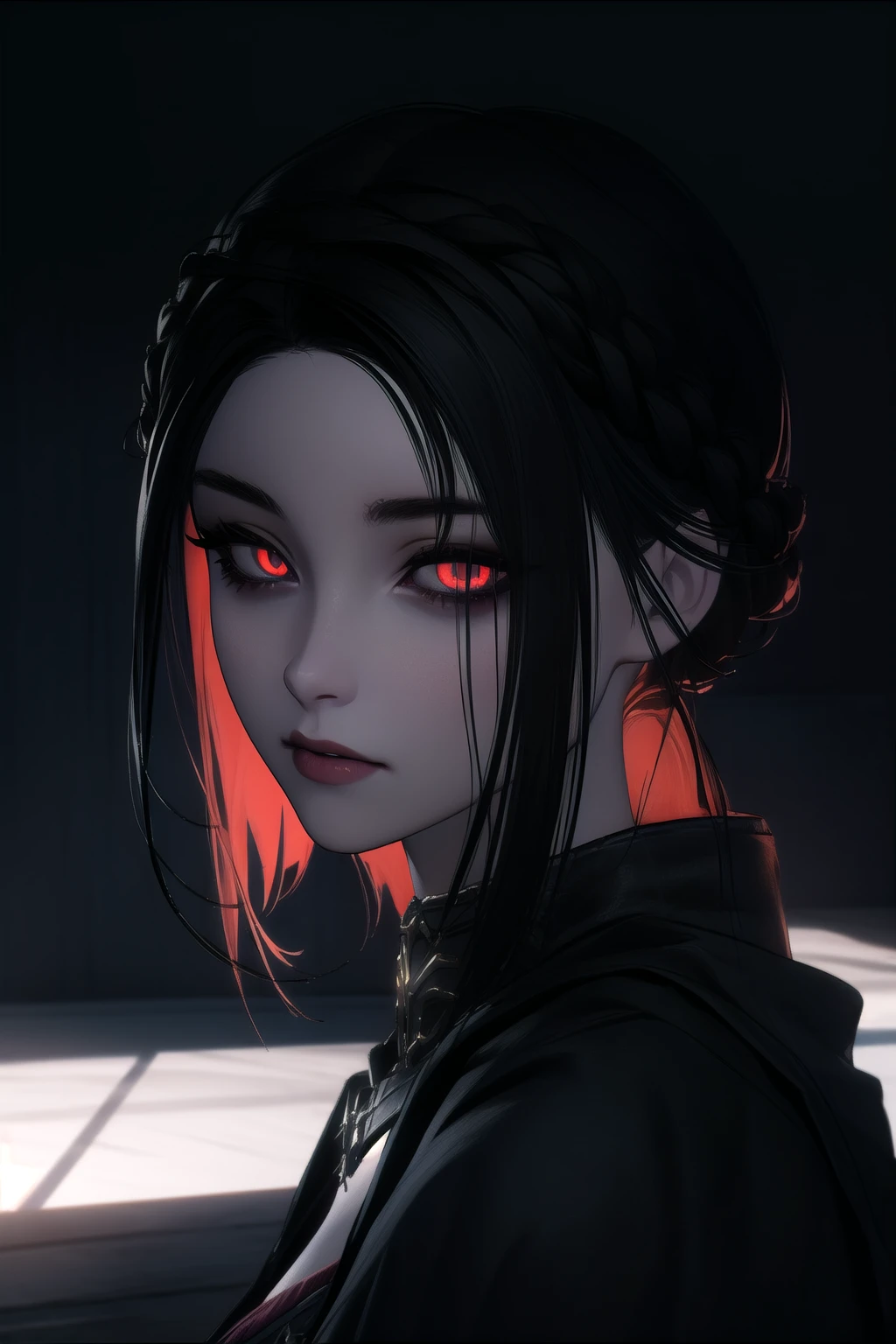 Female see front side, half monster body, bright red eyes,nails big, black horn, long blue hair, scary
