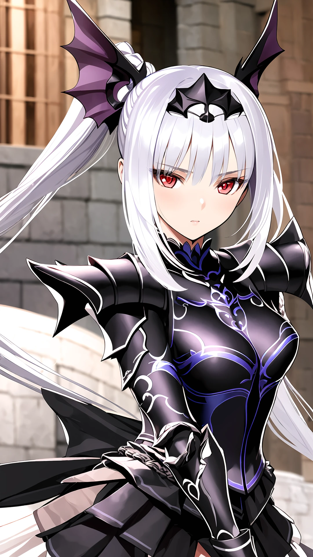 masterpiece, 1girl, excella, red eyes, long silver hair, hair ornament, armor, frills