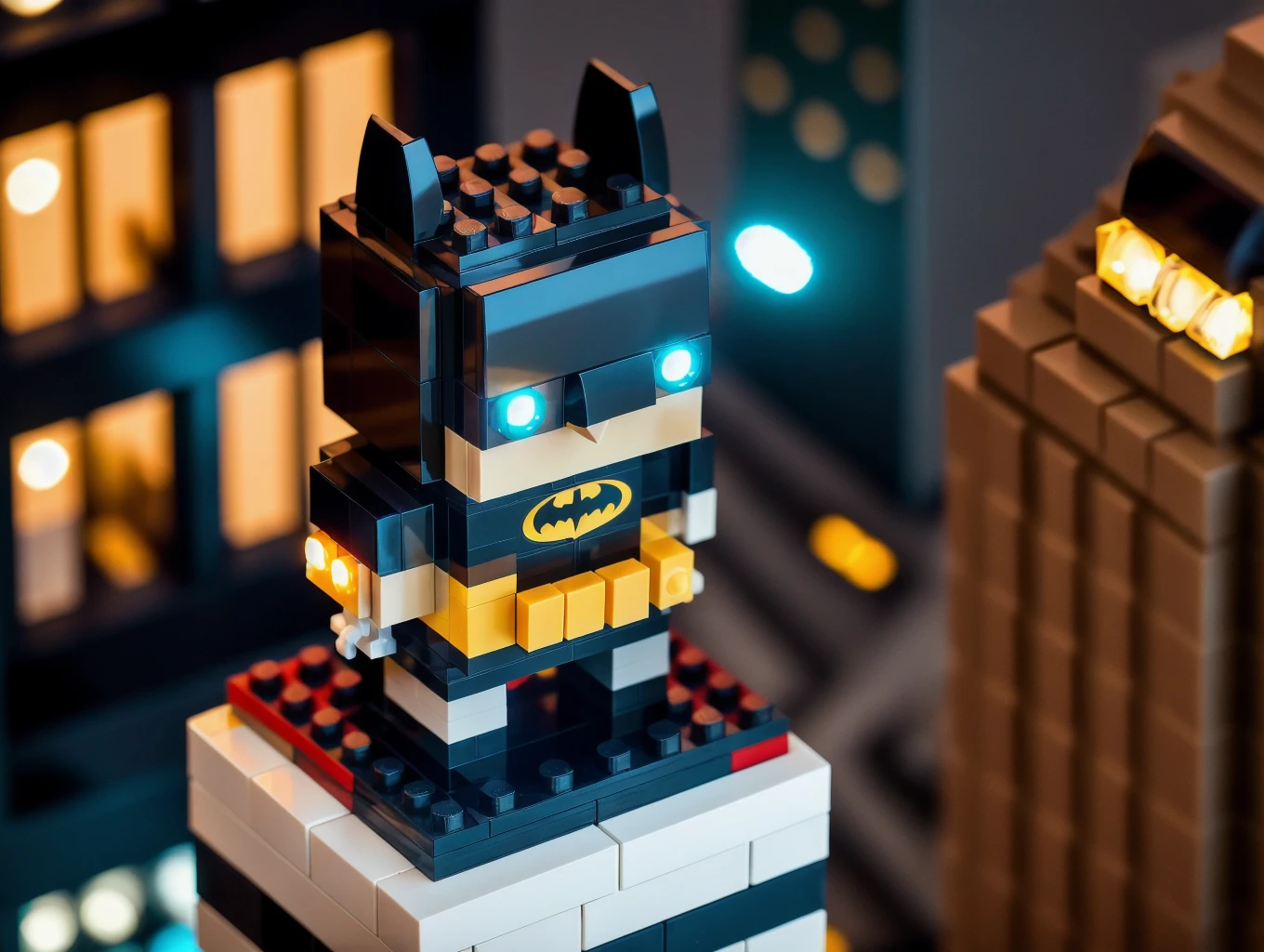 RAW photo, <lora:lego_v1.1:0.8> LEGO BrickHeadz, batman standing on the top of a skyscraper in manhattan, (high detailed skin:1.2), 8k uhd, dslr, soft lighting, high quality