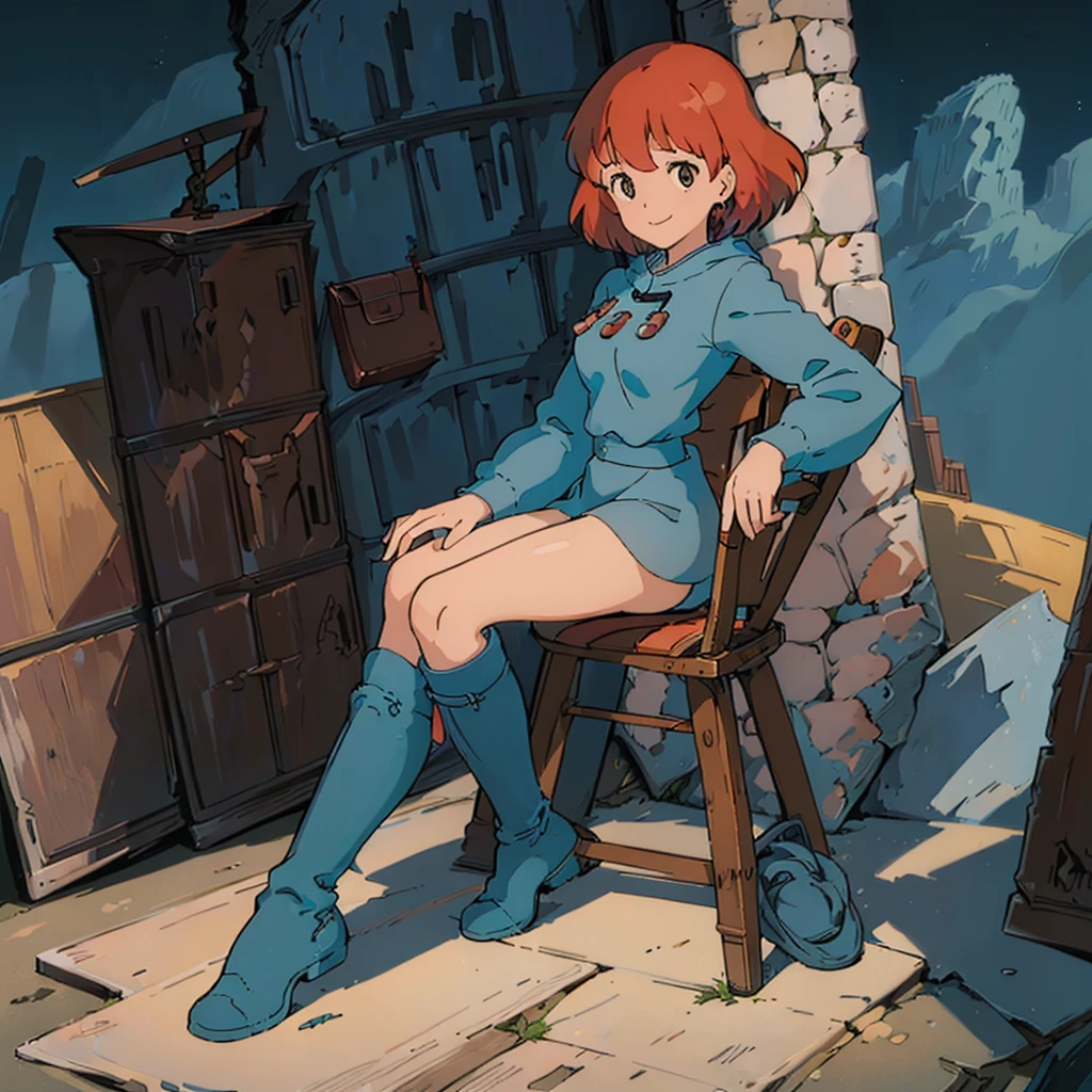 (masterpiece:1.4), (best qualit:1.4), (high resolution:1.4), 1girl, redhead, brown eyes, smile, Nausicaa, sit on a chair, no panties, high boot, colorful, full body,<lora:Nausicaa V0.5:1>, ghibli style