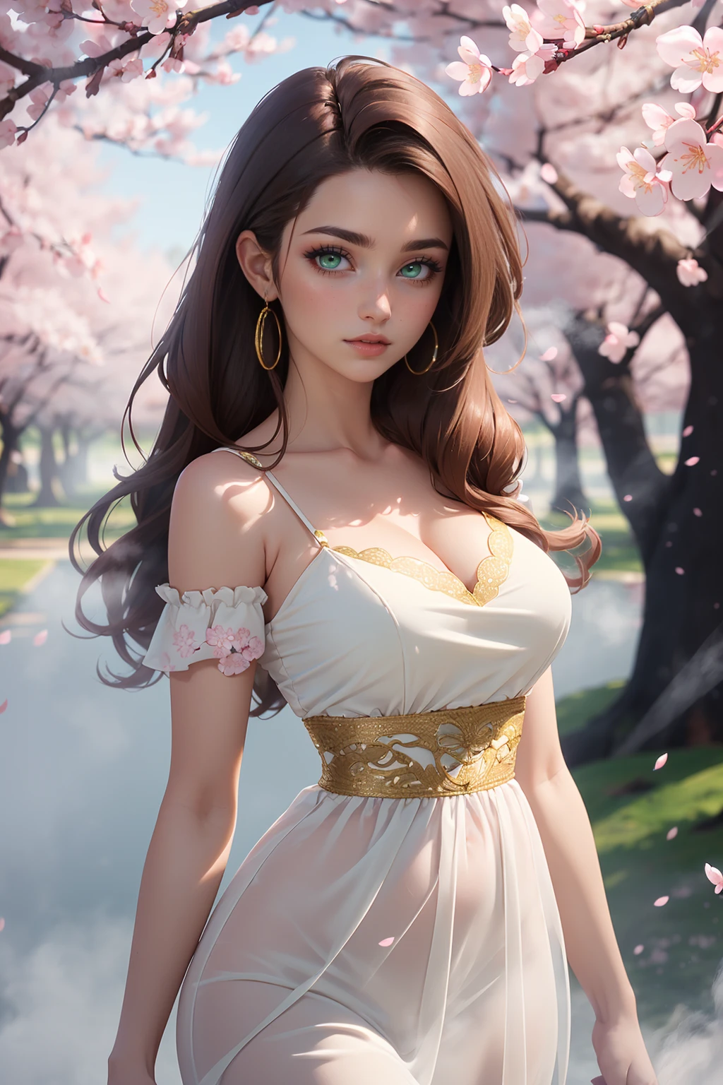 ((best quality)), ((masterpiece)), ultra detailed background ((Cherry Blossoms)), (22 years old Spanish woman), medium breast, wearing flowing dress, golden brown flowing hair glamour, (green eyes), beautiful face, ((white mists:1.4)), (pink dust:1.2), mysterious, mysteries of univers, yellow lightnings, volumetric lightnings, dark and blurry background