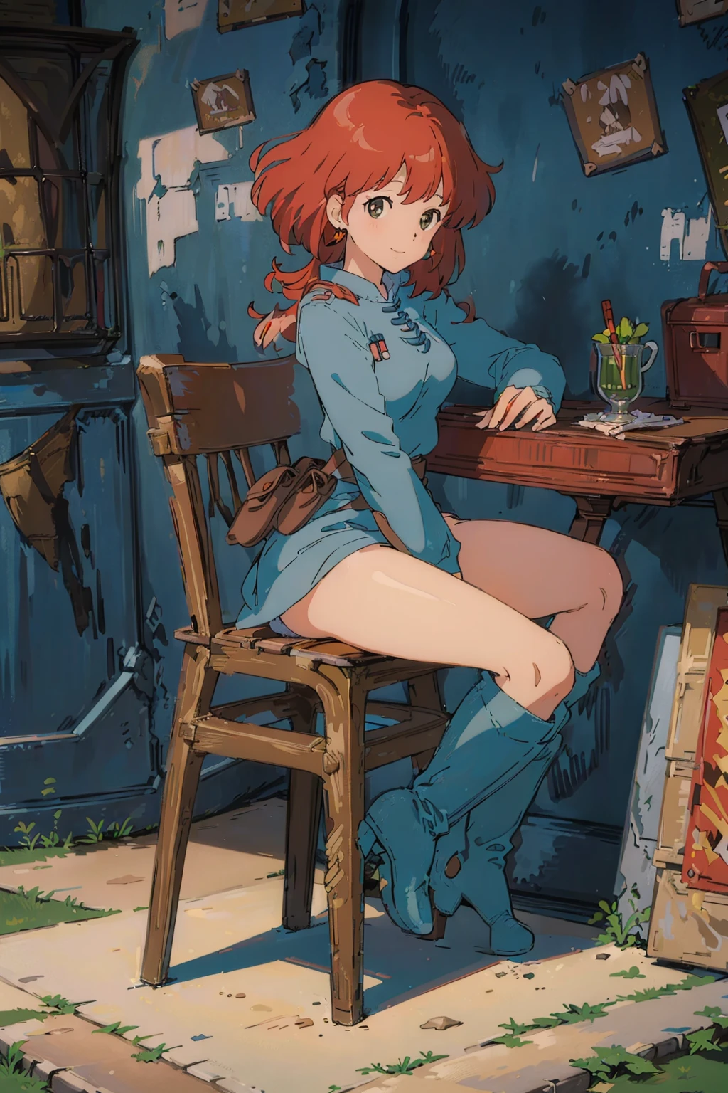 (masterpiece:1.4), (best qualit:1.4), (high resolution:1.4), 1girl, redhead, brown eyes, smile, Nausicaa, sit on a chair, no panties, high boot, colorful, full body,<lora:Nausicaa V0.5:1>, ghibli style