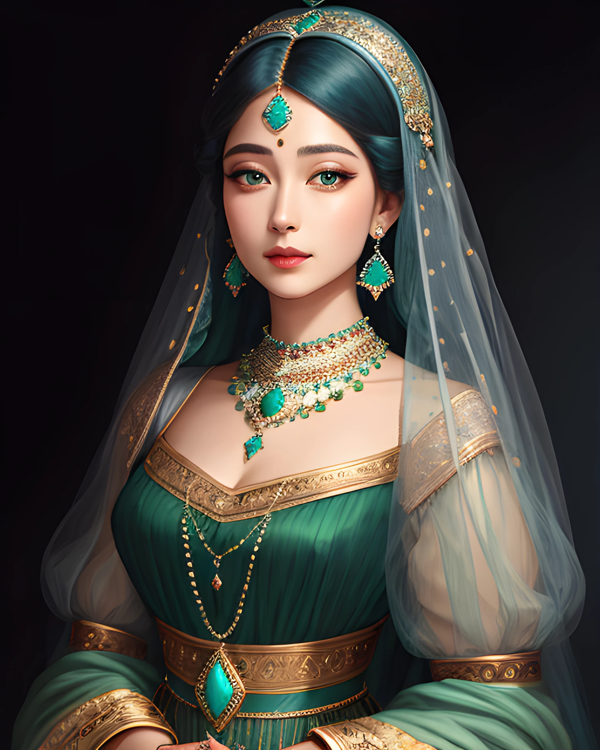 (woman wearing medfa)1.3, waist up portrait, slate-blue green and white, opal jewelry, extravagant jewelry, masterpiece, 8k, trending on pixiv, highest quality,