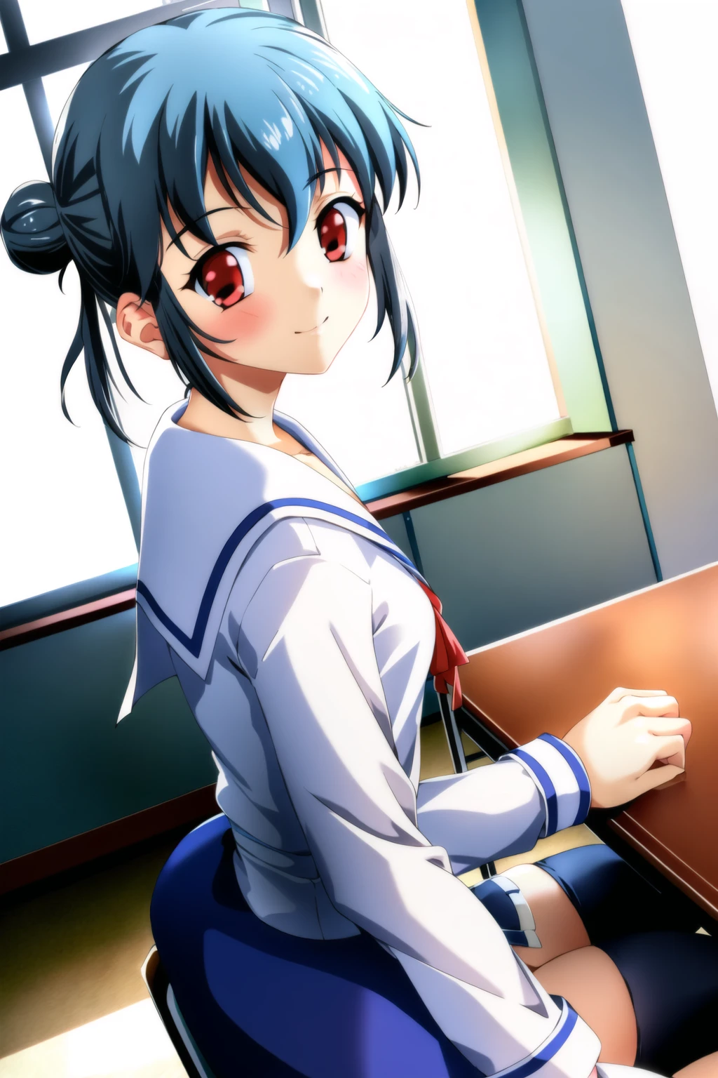 ((masterpiece, high quality, best quality)),
1girl, classroom, serafuku, desk, hair bun, school desk, red eyes, double bun, dutch angle, long sleeves, chair, blue hair, indoors, light smile, short hair, grey hair, sitting, upper body, looking back, dutch angle,
<lora:nanao-style_v1.0:0.8>