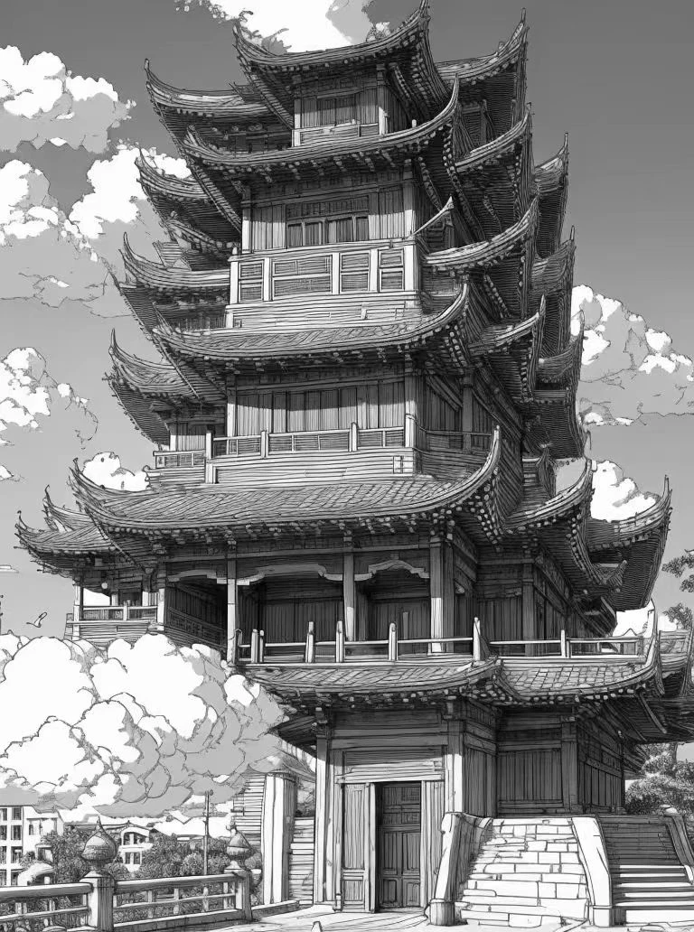 masterpiece, best quality,.line,monochrome,greyscale,simple background, 1girl,long hair,traditional media,lineart,.architecture, east_asian_architecture, building, pagoda, scenery, city, day, sky, cityscape, tower, bridge, castle, outdoors, shrine, blue_sky, tree, cloud, house, stairs, skyscraper, gate, railing, mountain, no_humans,.a tall building with a lot of stairs in front of it and a sky background with clouds in the sky,. <lora:Lineart-v2.0:1.2>.