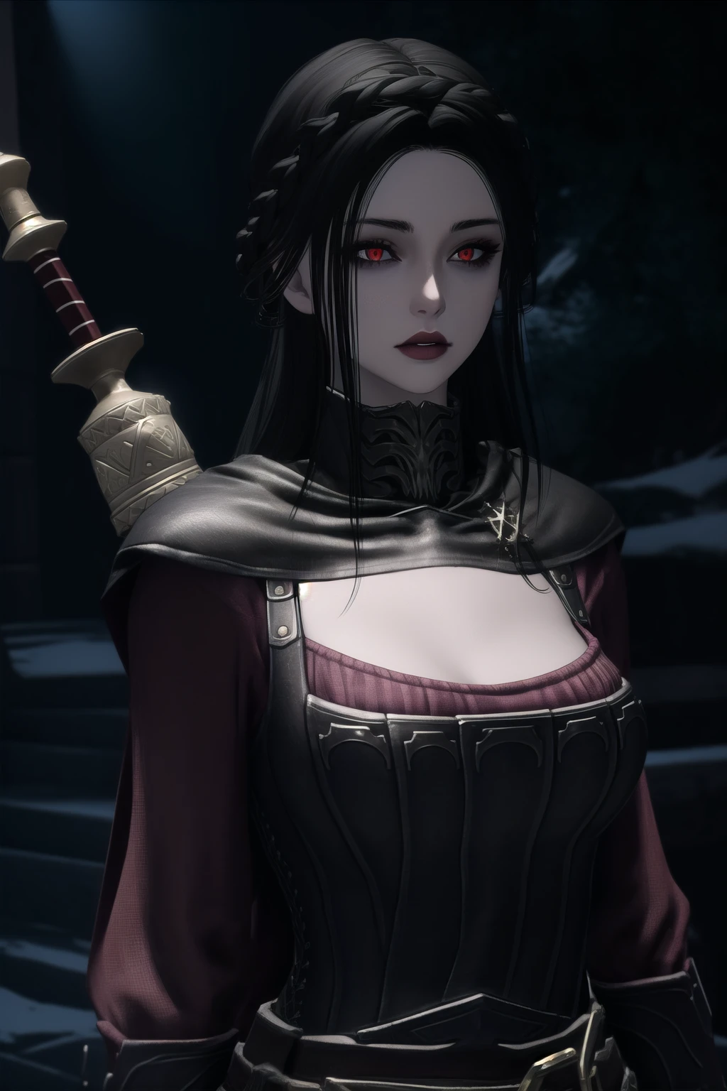 anime, hdr, soft light, ((best quality)), ((masterpiece)), (detailed), dark theme, low key, <lora:Serana_10_10:0.7> serana, cleavage, weapon on back, looking at viewer, parted lips, upper body, dark background, <lora:lowra_v10:0.5>