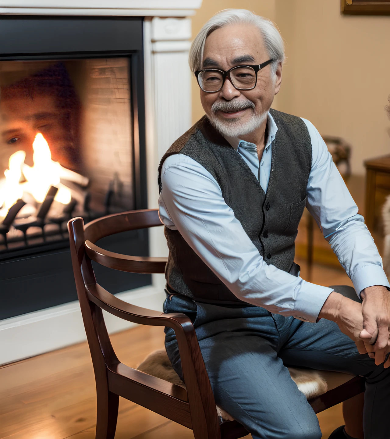 (A medium photo of gongqijun,oldman),wearing(brown vest.babyblue shirt),sitting on chair,(hug a cat),indoor,fireplace in background,(masterpiece) (photorealistic:1.2) (bokeh) (best quality) (detailed skin) (intricate) (8k) (HDR) (cinematic lighting) (sharp focus)
<lora:gongqijun:0.9>