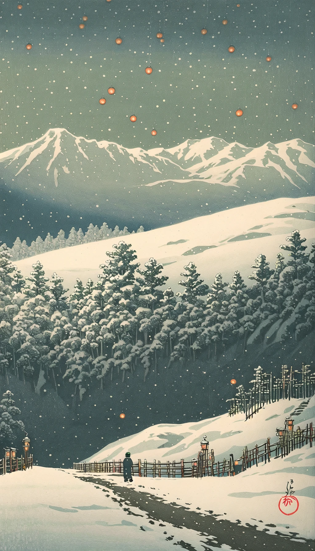 <lora:Ukiyo-e:0.65>, ukiyo-e, A mountain path illuminated by lanterns on a snowy day, winding through a serene winter landscape.
Best quality, masterpiece, official art