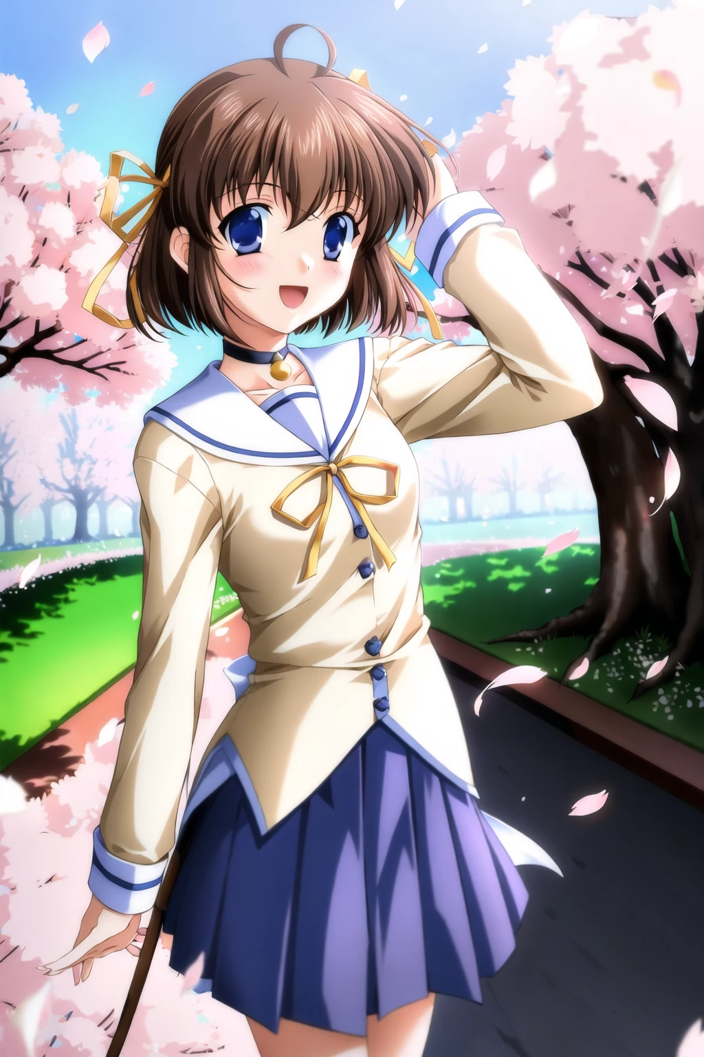 ((masterpiece, high quality, best quality)),
1girl, brown hair, cherry blossoms, serafuku, blue eyes, ribbon, day, short hair, outdoors, hair ribbon, choker, ahoge, skirt, bell, long sleeves, dutch angle, open mouth, petals, smile,
<lora:nanao-style_v1.0:0.8>