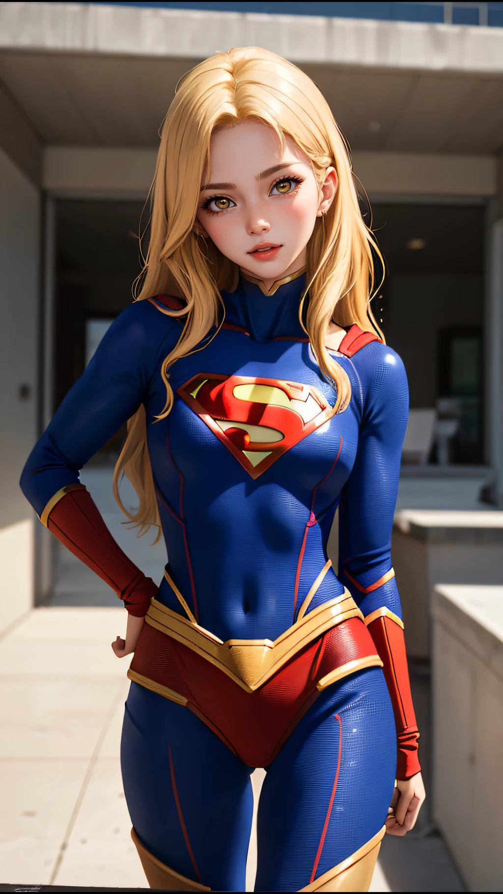 4k, realistic, charismatic, very detailed, there is a girl in the sky, dressed in a super girl costume, she is a super girl, superhero theme, blonde short hair, ponytail, 20 years, full body, (detail in the eyes), (detail in the face), incredibly beautiful, blue eyes, blush, makeup, ((red lipstick)), ((miniskirt)), (wide hips), (thick thighs), small breasts, dress,, seductive pose, (extreme hourglass figure), thin, svelte, white skirt, boots, ((tight t-shirt))