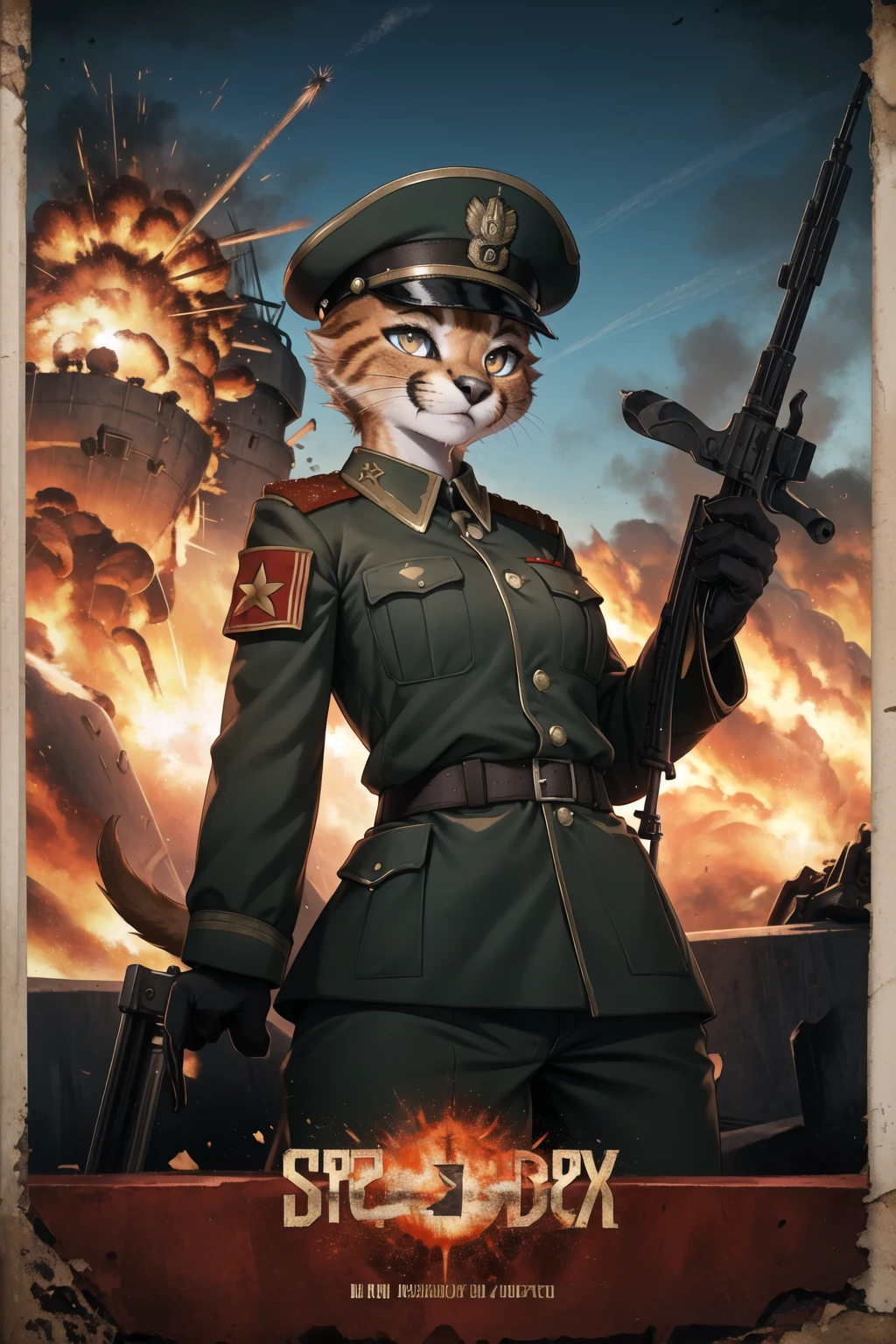 masterpiece, best quality,furry girl,battlefield,aline,side of edge,
perfect light,dark skin,animal nose,solo,detail fur,small tail,epic movie poster concept,
communism, red flag,tank,Land warship
adorable,army uniform,explosion,cccp soviet ussr, looking at viewer,hat,caracal cat,ningmao,holding weapon,
<hypernet:furry_kemono:0.3> <lora:Caracal:0.7>