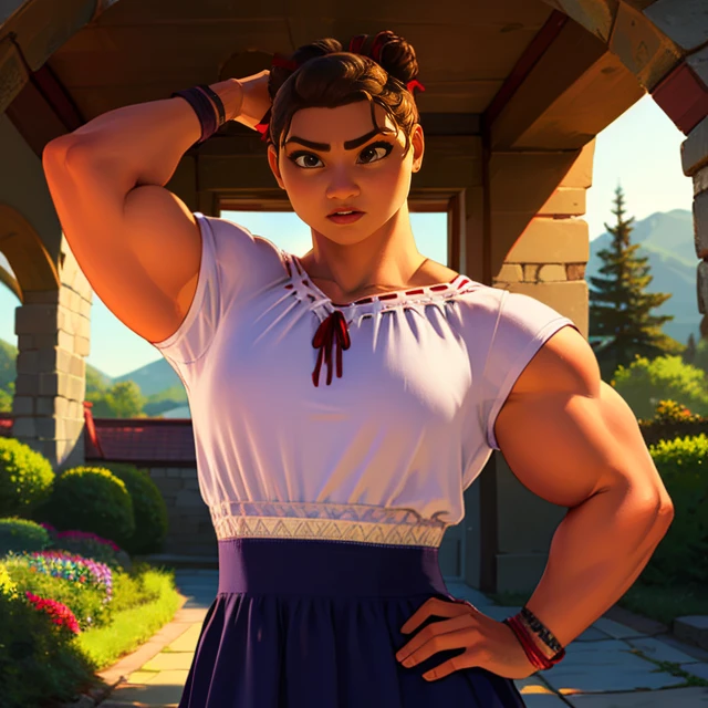 Luisa , brown hair, hair bun with red ribbon, brown eyes, biceps, upper body hand on hip, arms up,
LuDres ,white shirt, (long blue decorated skirt,) blue sandals, bracelets,
garden, stone bridge, morning,
(insanely detailed, beautiful detailed face, masterpiece, best quality) <lora:Luisa:0.8>