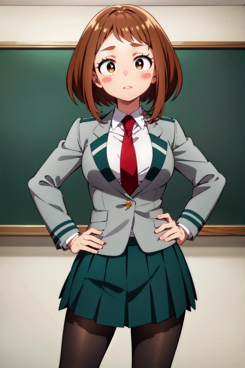 masterpiece, best quality, highres, hmochako, blush stickers, short hair, medium breasts. school uniform, green skirt, pleated skirt, red necktie, black pantyhose, white shirt, long sleeves, grey jacket, <lora:uraraka_ochako_v1:0.8>, hand on hip,