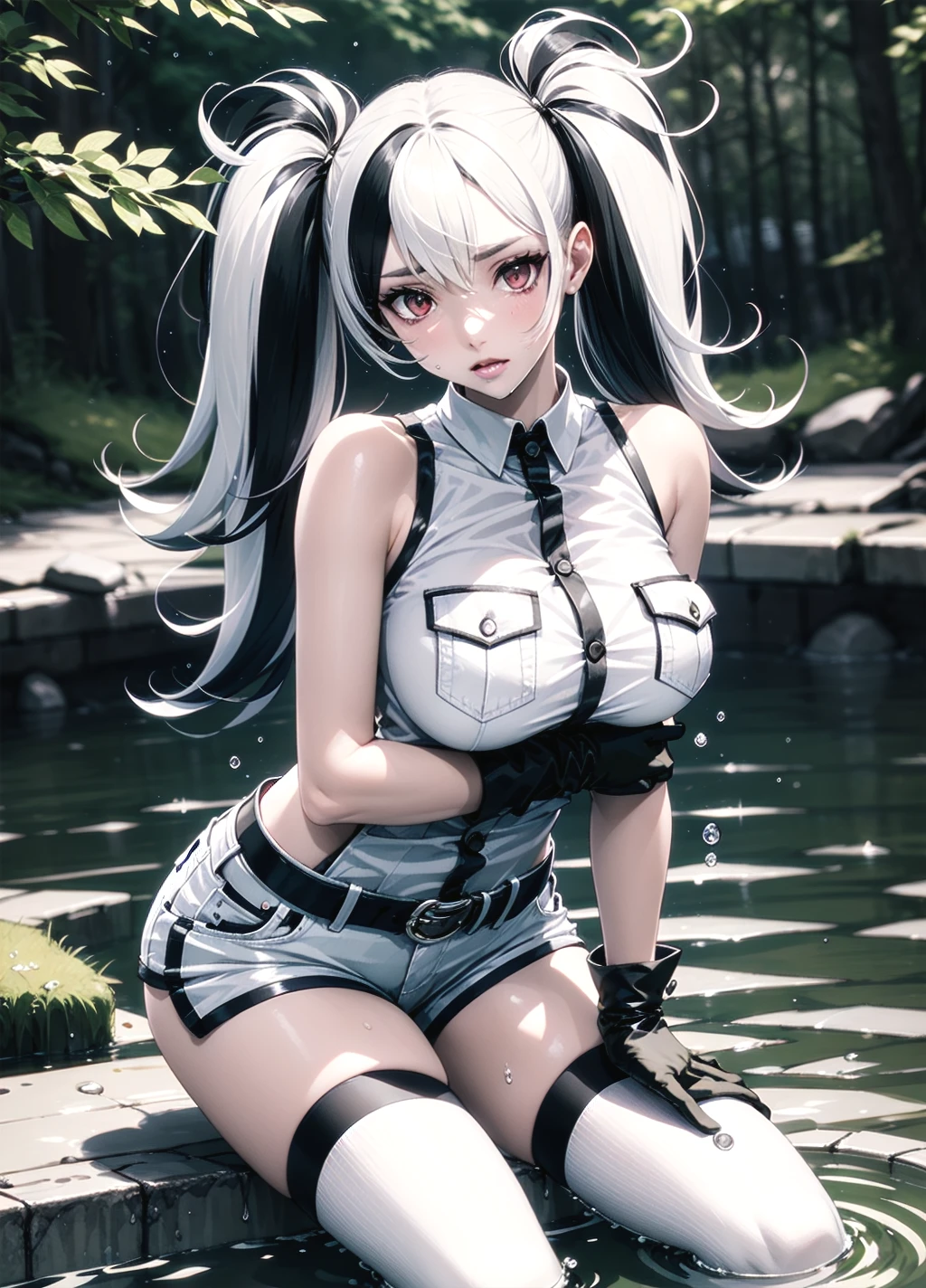 ewhime, (escort water princess:1.2), abyssal ship, 1girl, solo, colored skin, white skin, red eyes, twintails, (two-tone hair, multicolored hair:1.1), black hair, white hair, large breasts, bare shoulders, breast pocket, buttons, gloves, short shorts, sleeveless shirt, white gloves, white shirt, white shorts, white thighhighs, perfect hands, hand on own hip, hand on own thigh, leaning forward, moss, nature, outdoors, post-apocalypse, ruins, water, watercraft, <lora:GoodHands-vanilla:1>