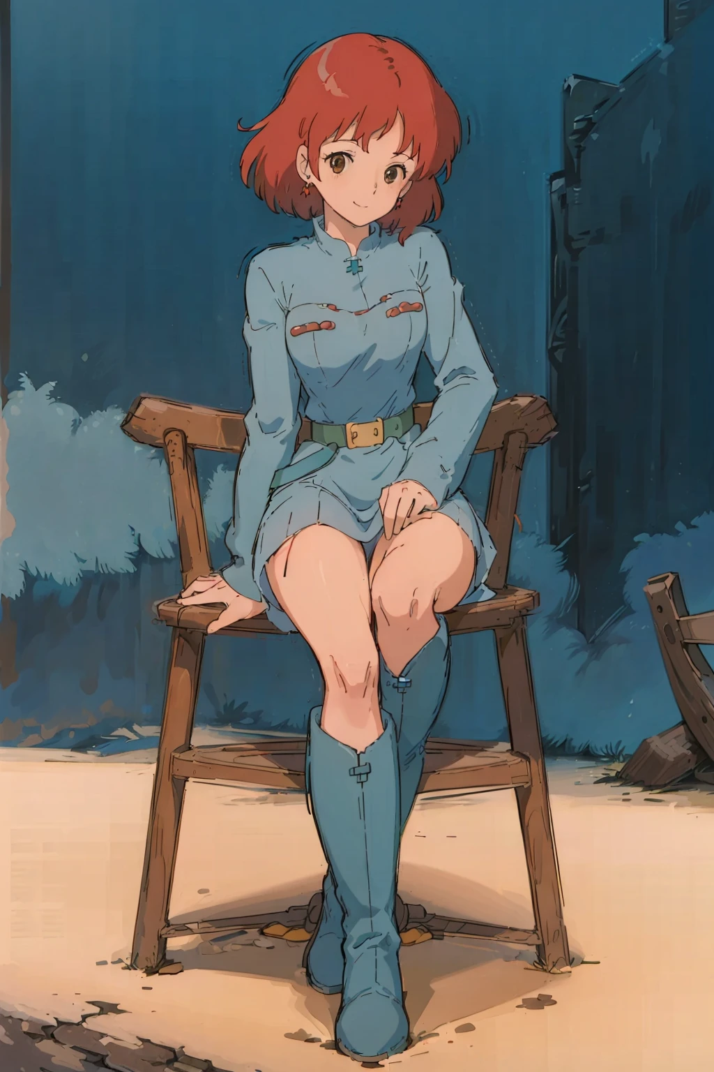 (masterpiece:1.4), (best qualit:1.4), (high resolution:1.4), 1girl, redhead, brown eyes, smile, Nausicaa, sit on a chair, no panties, high boot, colorful, full body,<lora:Nausicaa V0.5.1:0.8>, ghibli style