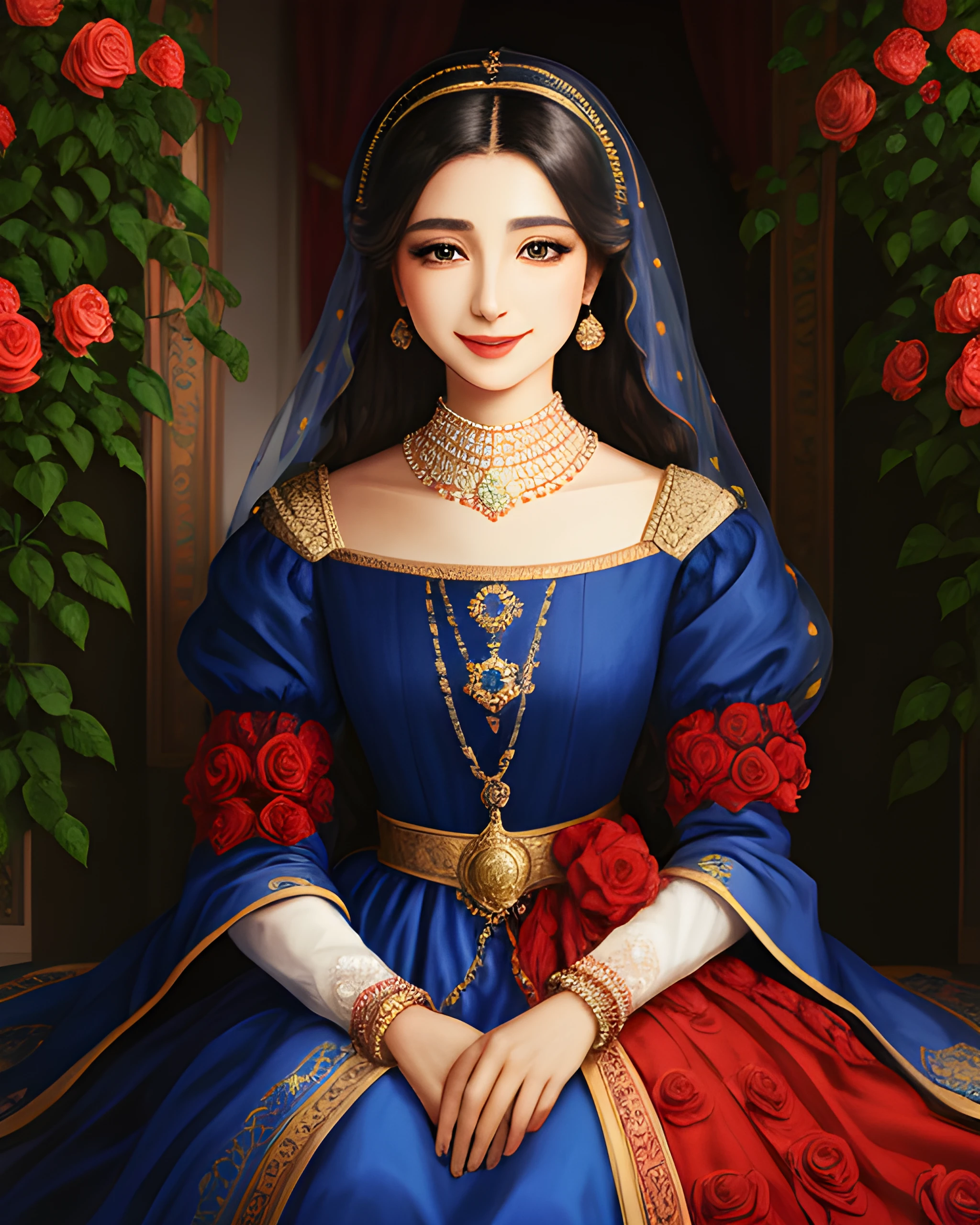 (woman wearing medfa)1.3, waist up portrait, sweet smile, pretty eyes, red blue and yellow, rose garden, surrounded by roses, masterpiece, 8k, trending on pixiv, highest quality,