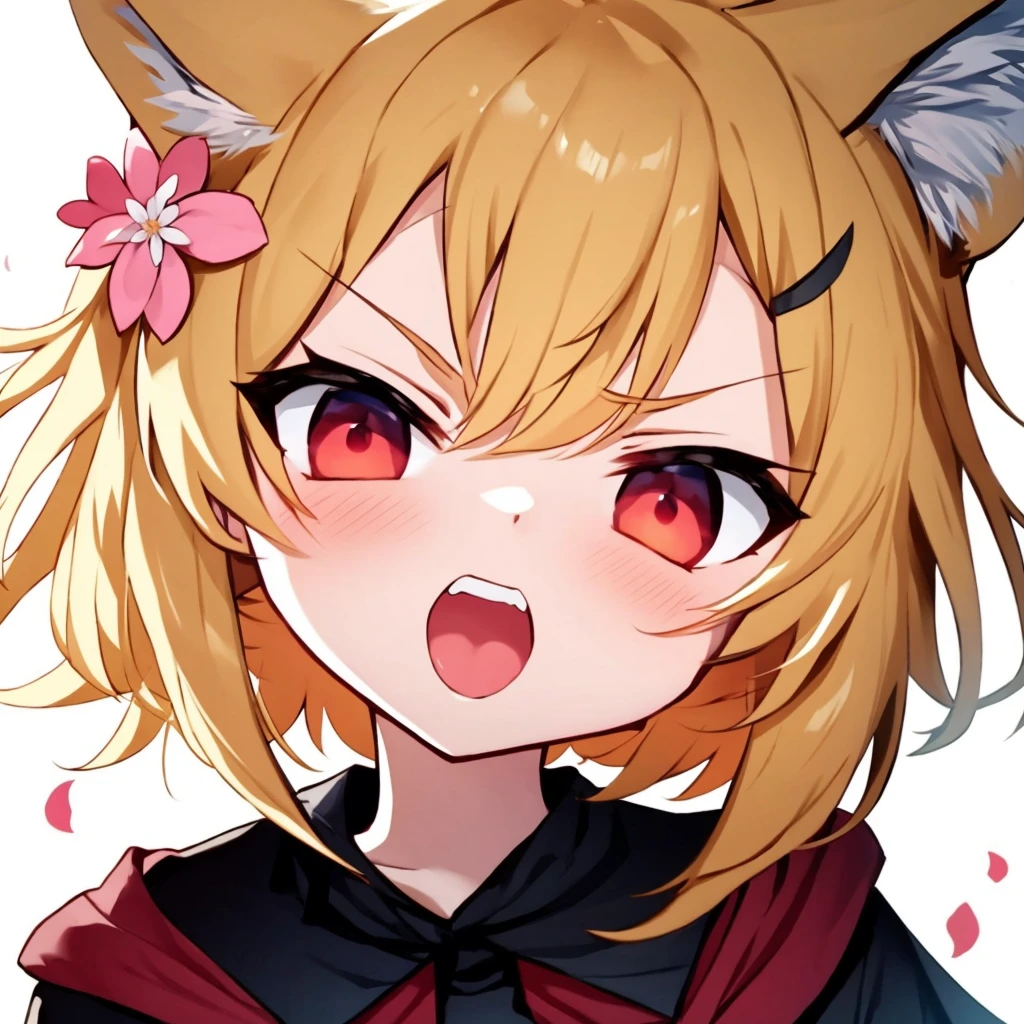 icon, blonde hair, red eyes, fox ears, simple background, white background, hair flower, looking at viewer, upper body, cherry blossoms, open mouth, angry, face-to-face, pov