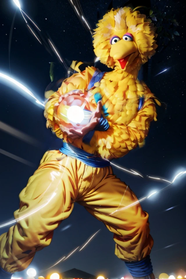 <lora:kamehameha-10:0.9>, kamehameha, looking at viewer, both hands on hip, shoot, (energy ball), electricity, realistic, (night scene), both hands in front of chest,<lora:Bigbird:0.7> Bigbird,
