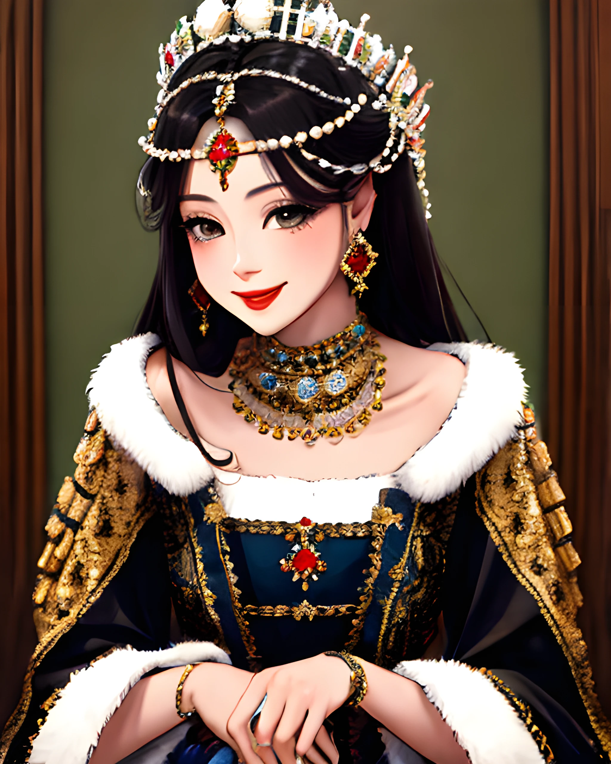 (woman wearing medfa)1.3, waist up portrait, sweet smile, updo, headdress, masterpiece, 8k, trending on pixiv, highest quality,