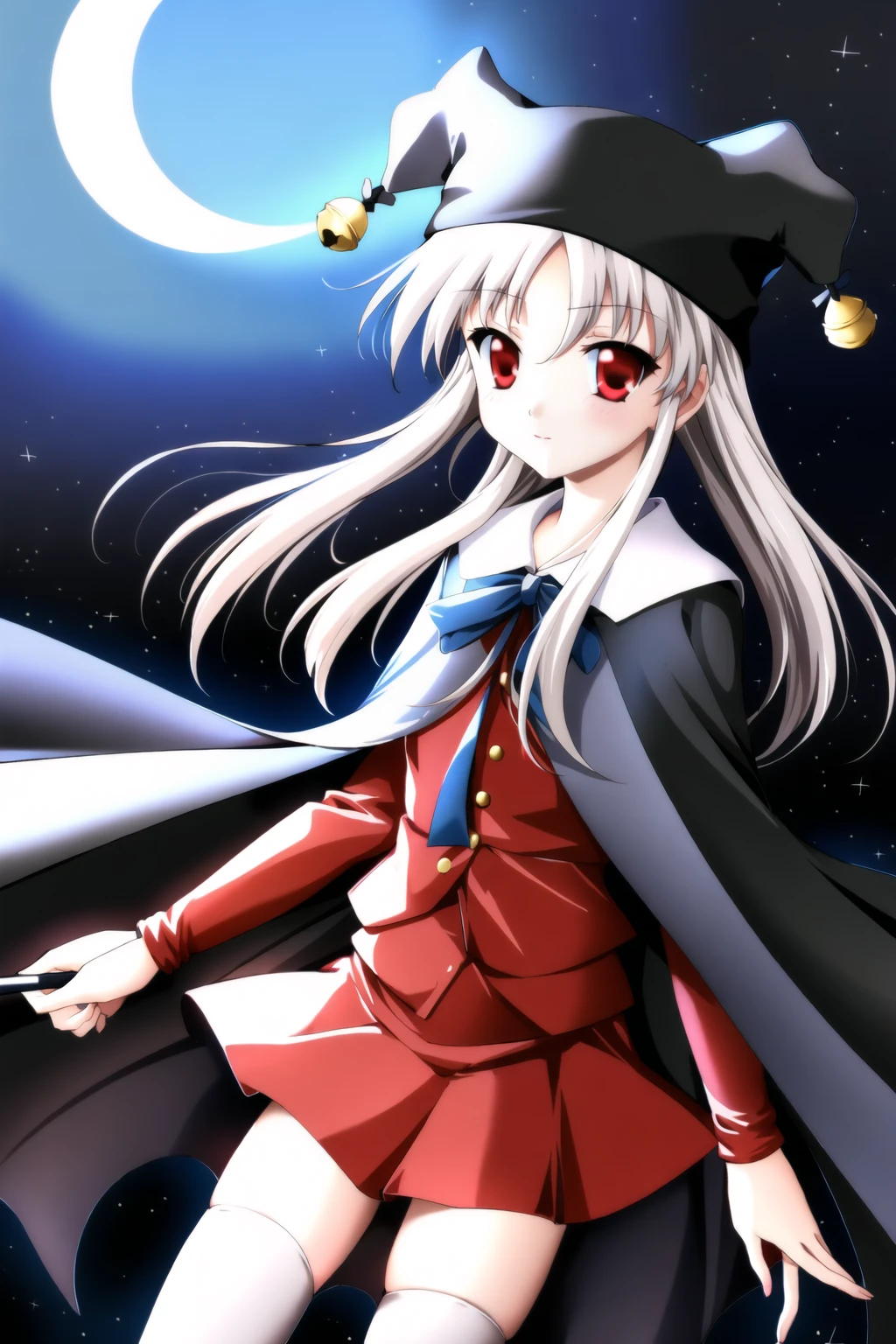 ((masterpiece, high quality, best quality)),
1girl, hat, crescent moon, bell, red eyes, cape, night sky, zettai ryouiki, black thighhighs, ribbon, looking at viewer, white hair, red skirt,
<lora:nanao-style_v1.0:0.8>