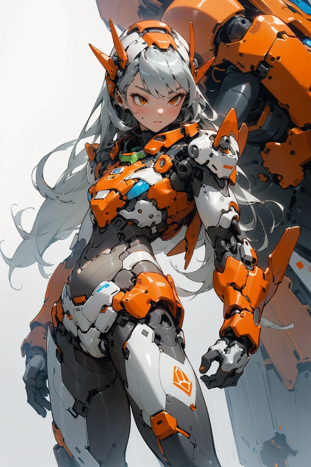 masterpiece, High quality, Beautiful wallpaper, Mech warrior, (((A silver girl with long hair wearing an orange mech suit))), solo, The sword, Science fiction theme, Gradient background, Graceful curve, Structure simplification, Detail reduction, The chest armor is orange, The belly armor is black, <lora:NijiExpressV2:0.4>, Structural integration simplification, <lora:Mecha warrior Mecha_20230621092507:0.4>,